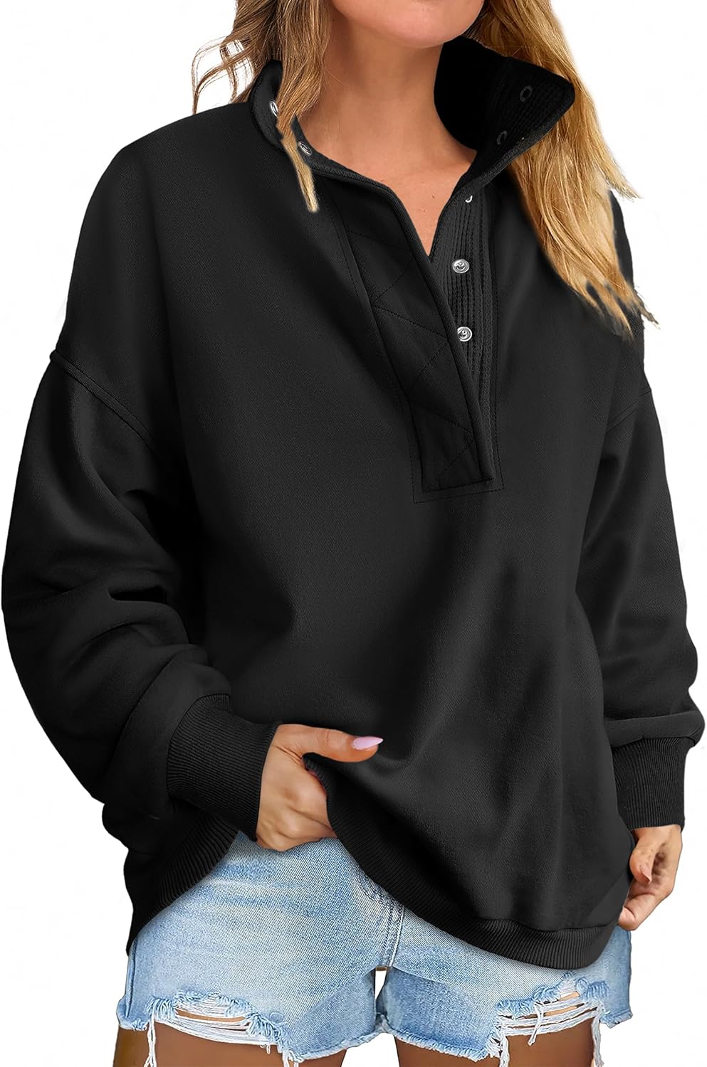 Oversized Sweatshirt for Women - Casual Henley Pullover Tops