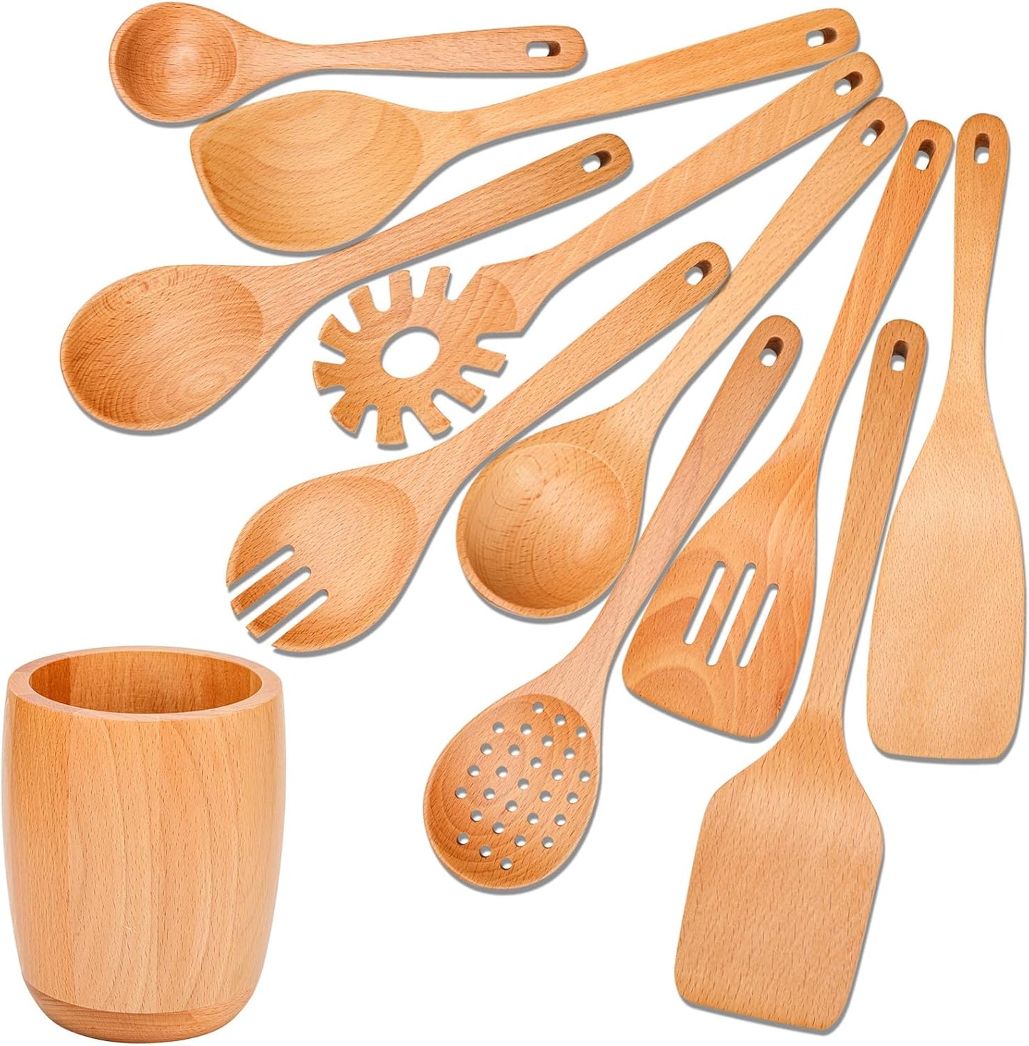 11 PCS Wooden Utensils Set - Handmade Natural Beech Wood