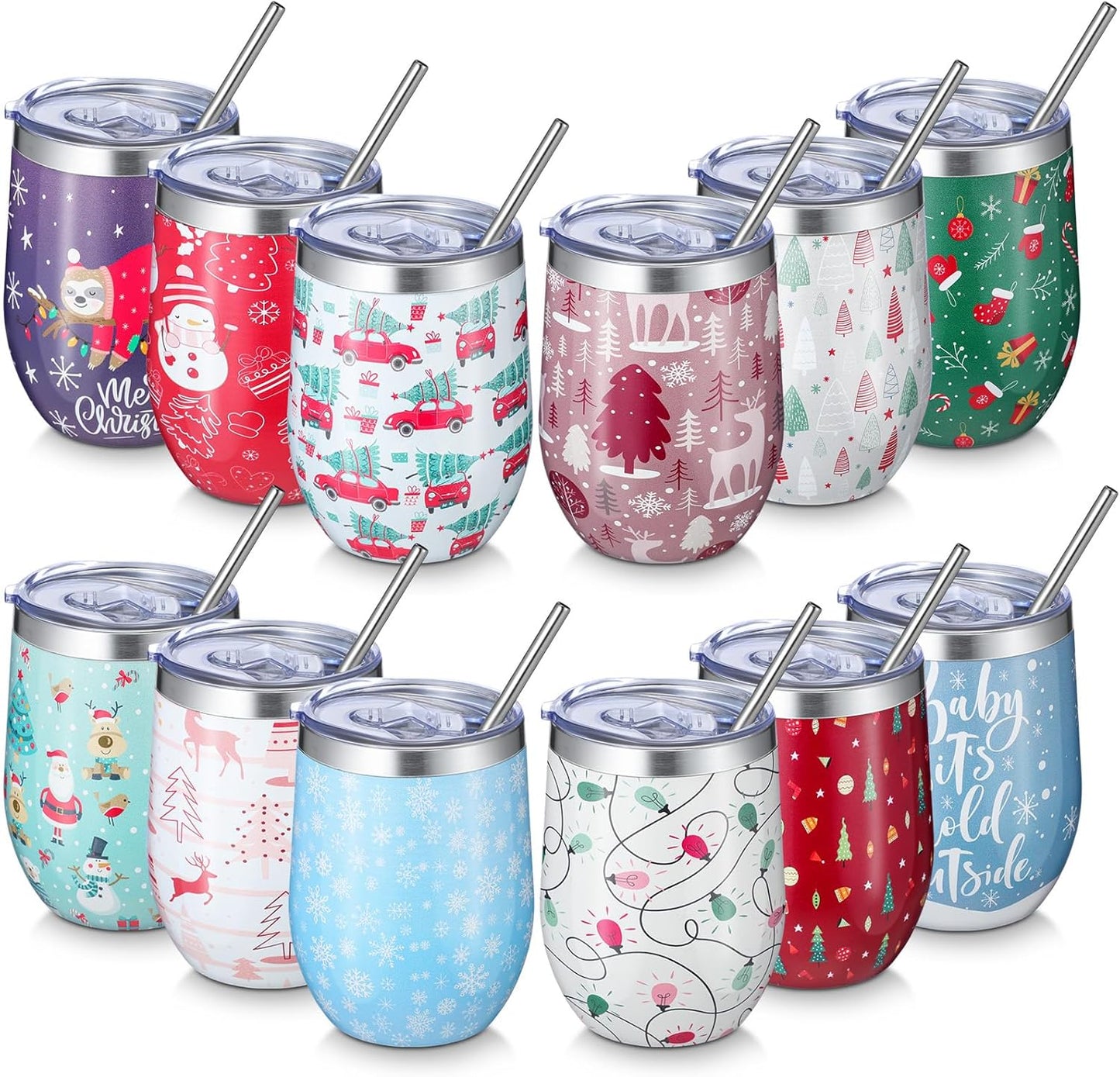 12 Pack Christmas Tumbler Bulk with Lid and Straw Brush Set