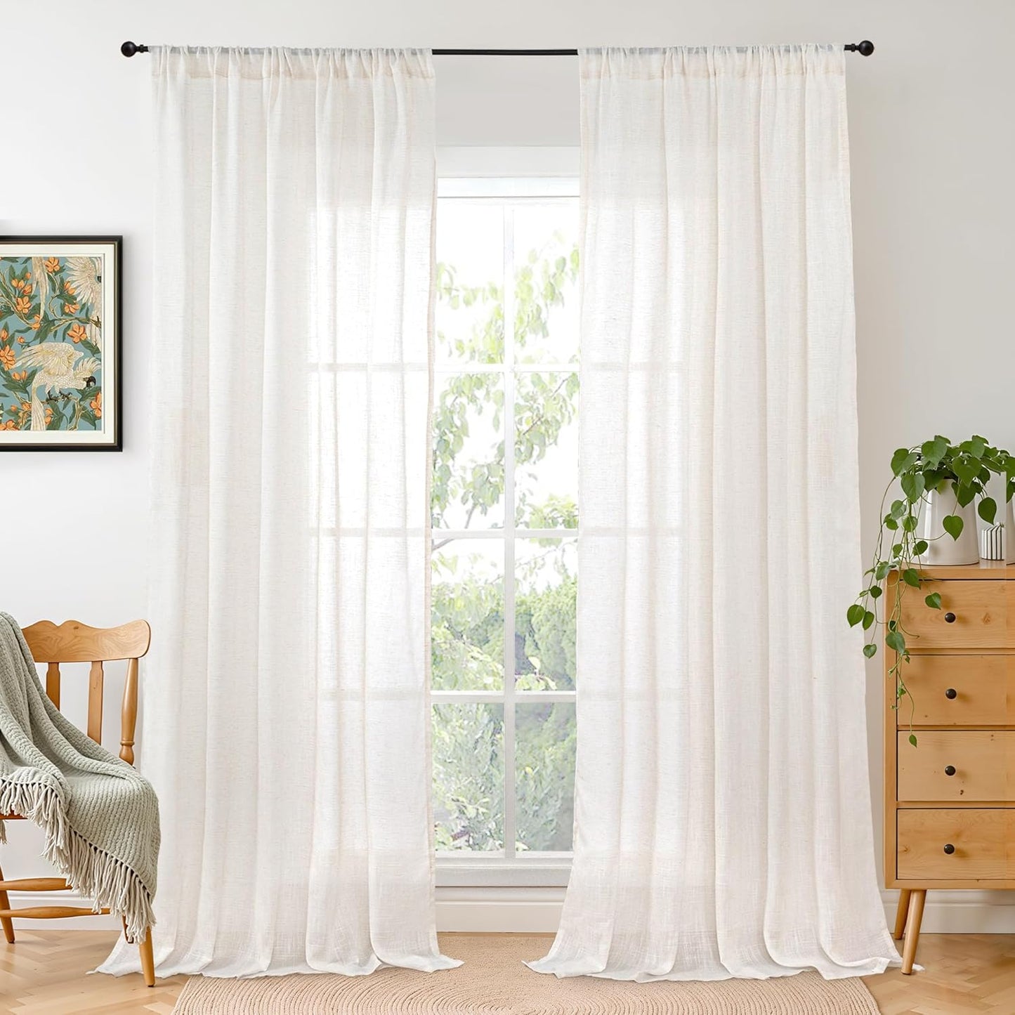 90 Inch Long Linen Semi Sheer Curtains for Living Room Decor