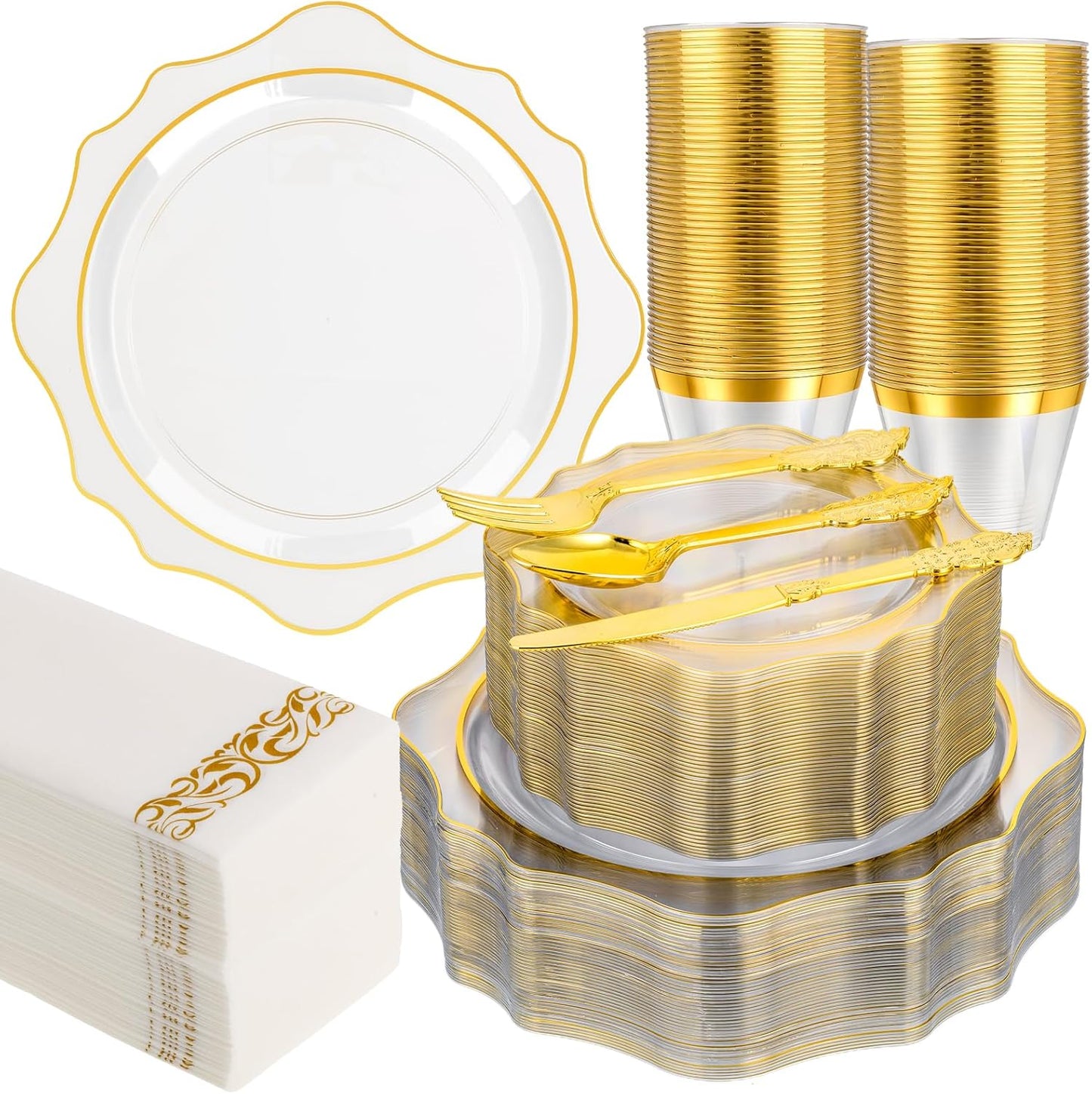350 PCS Clear and Gold Plastic Plates for Elegant Parties