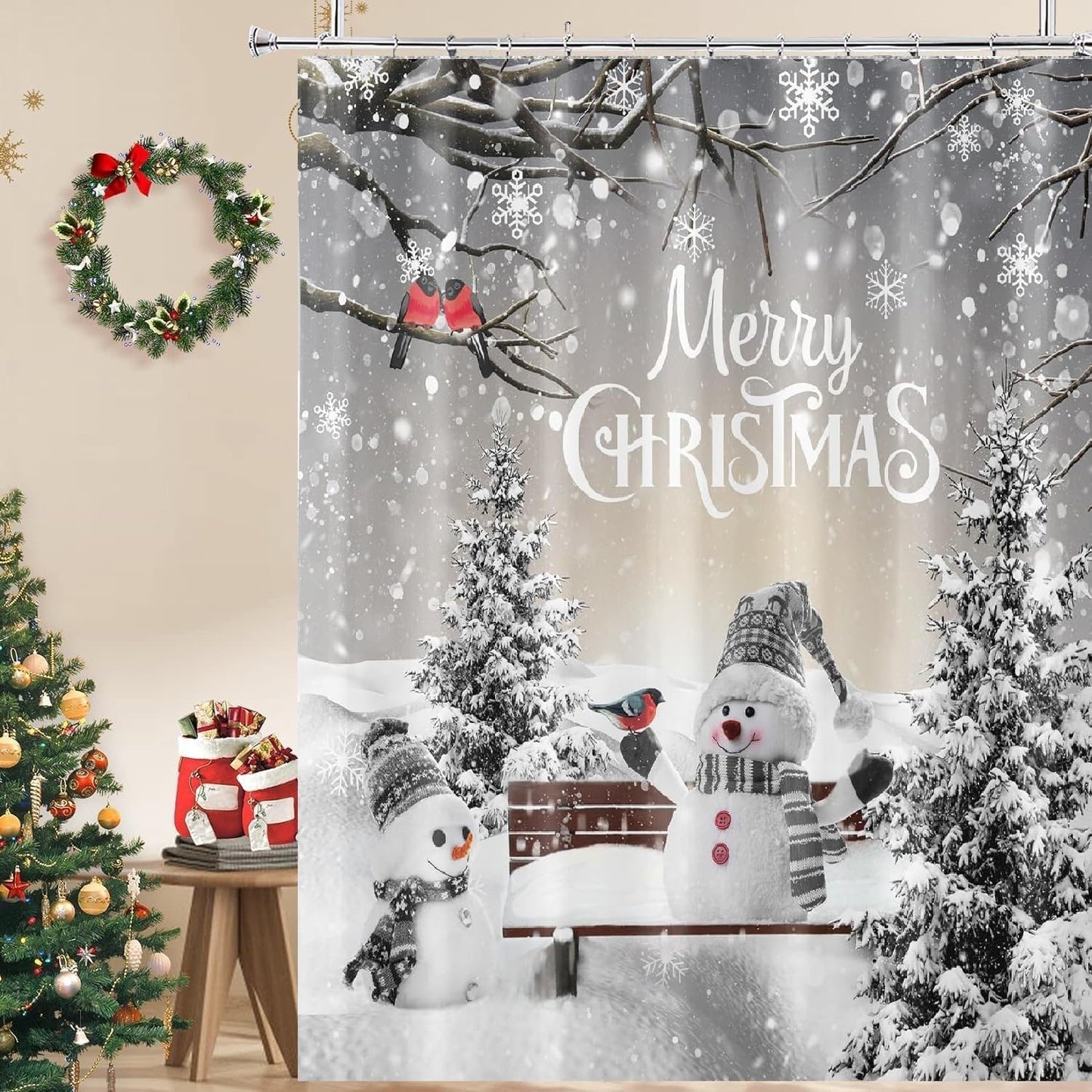 Winter Wonderland Shower Curtain, Festive Christmas Scene, 72x72, BIVINAR