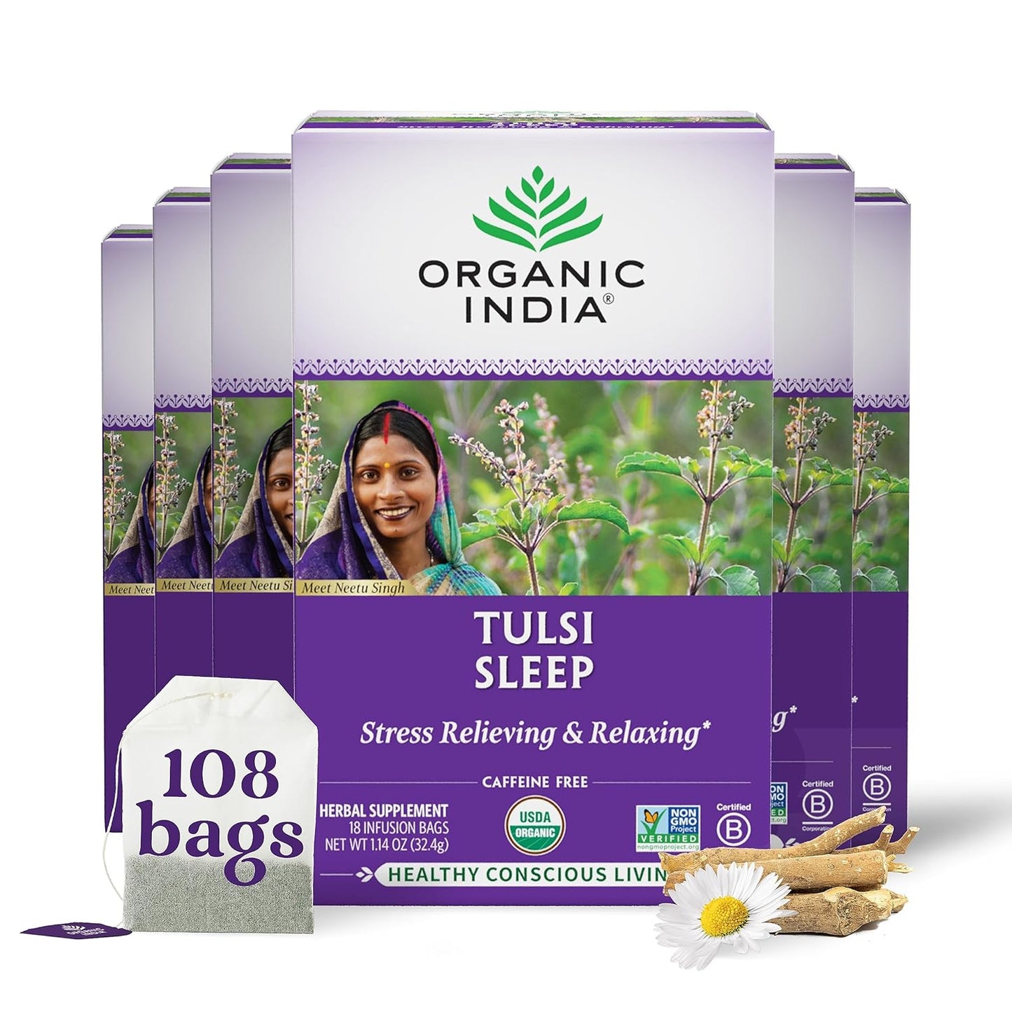 Organic India Tulsi Sleep Herbal Tea for Relaxation and Sleep
