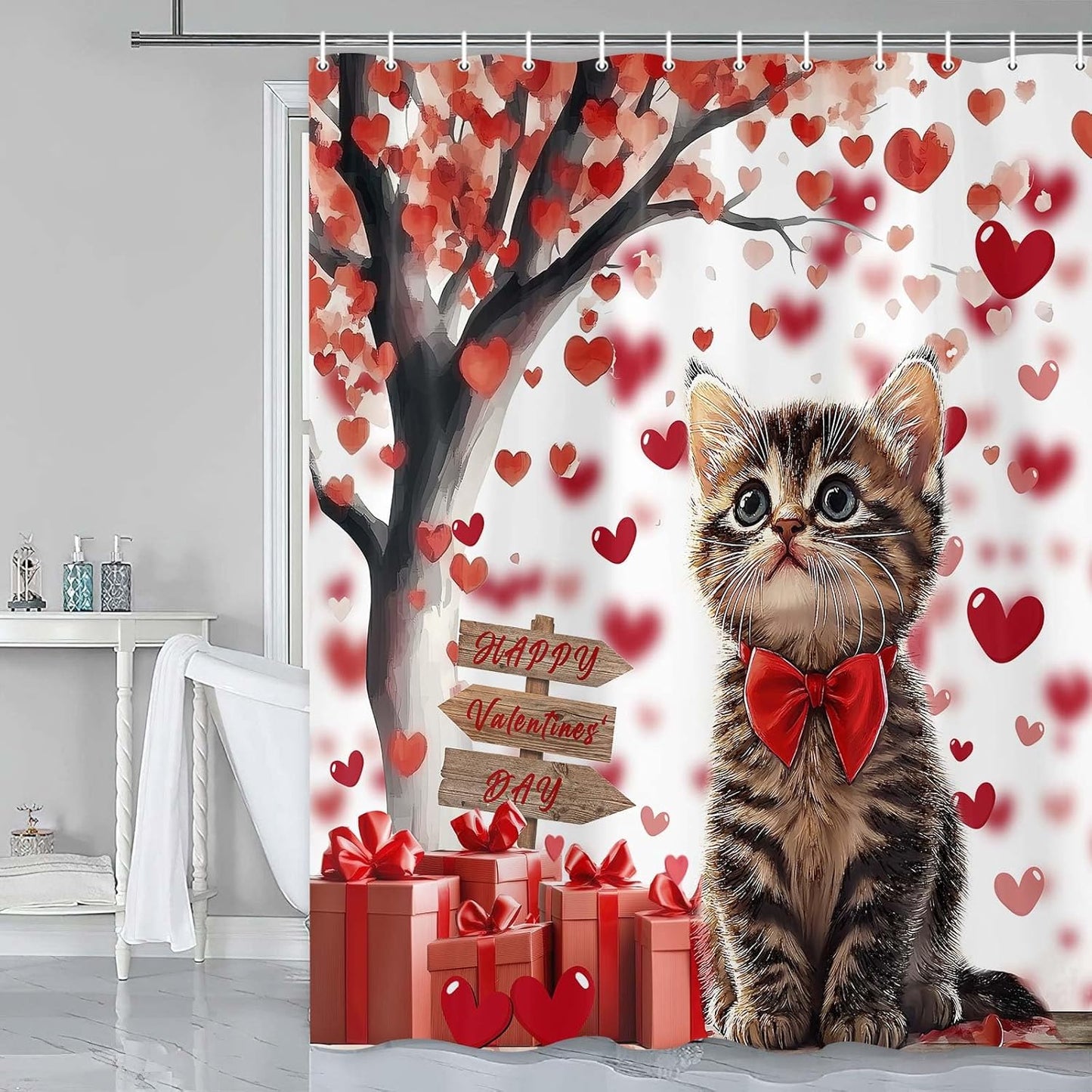 Romantic Cat Valentine Shower Curtain Set