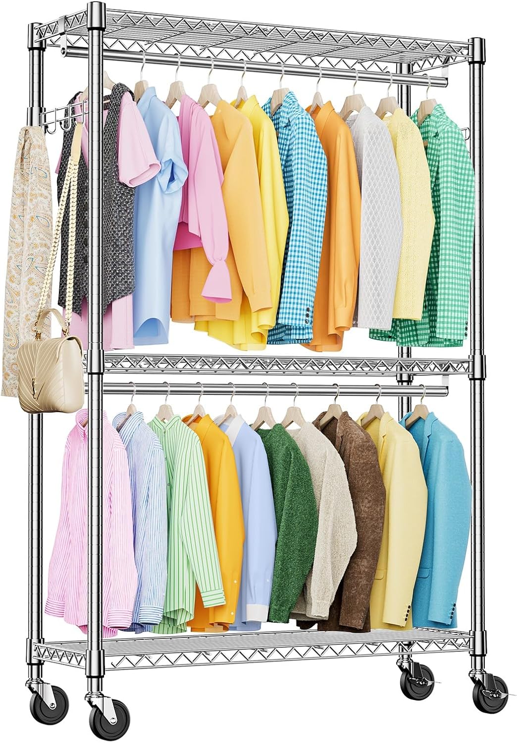 IZEUK 3-Tier Heavy Duty Rolling Garment Rack for Wardrobe
