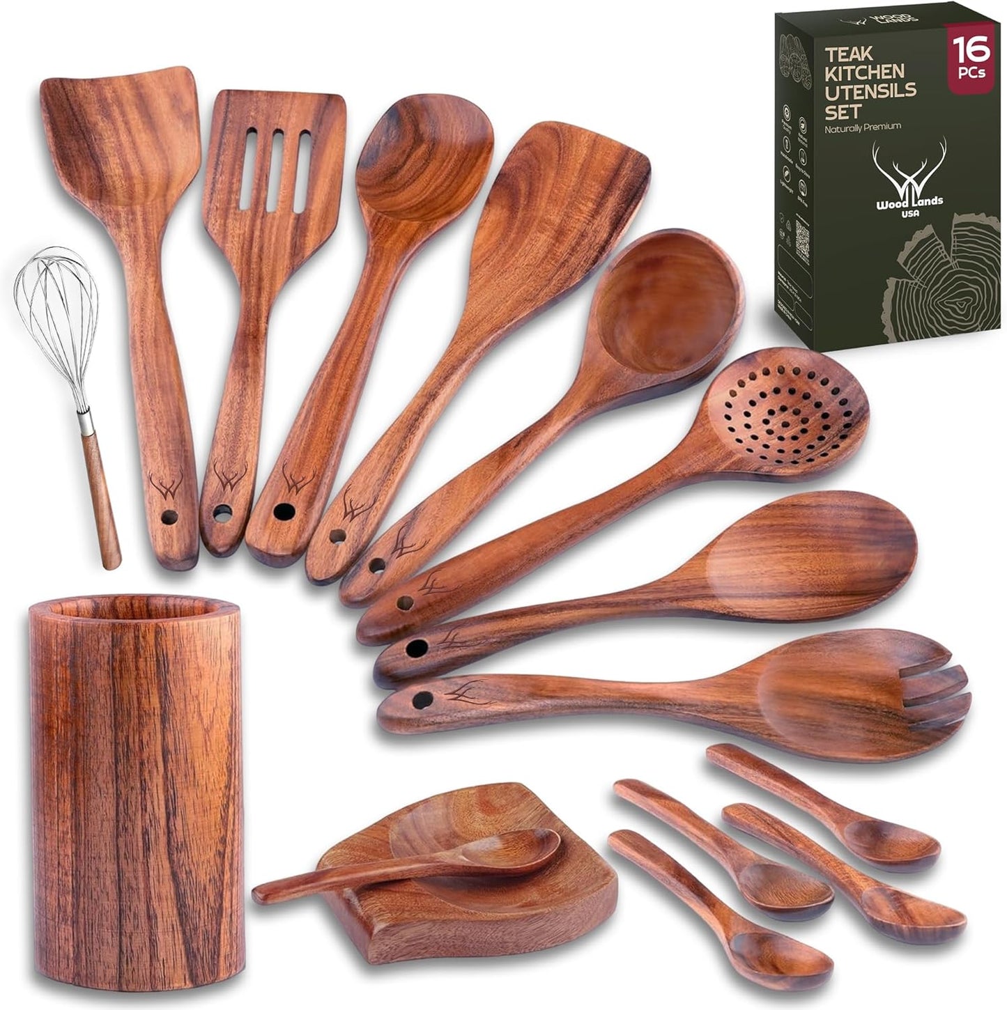16 Pcs Teak Wooden Cooking Utensils Set for Every Kitchen