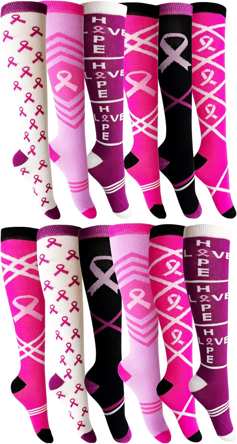 12 Pairs of Womens Breast Cancer Awareness Socks for Support
