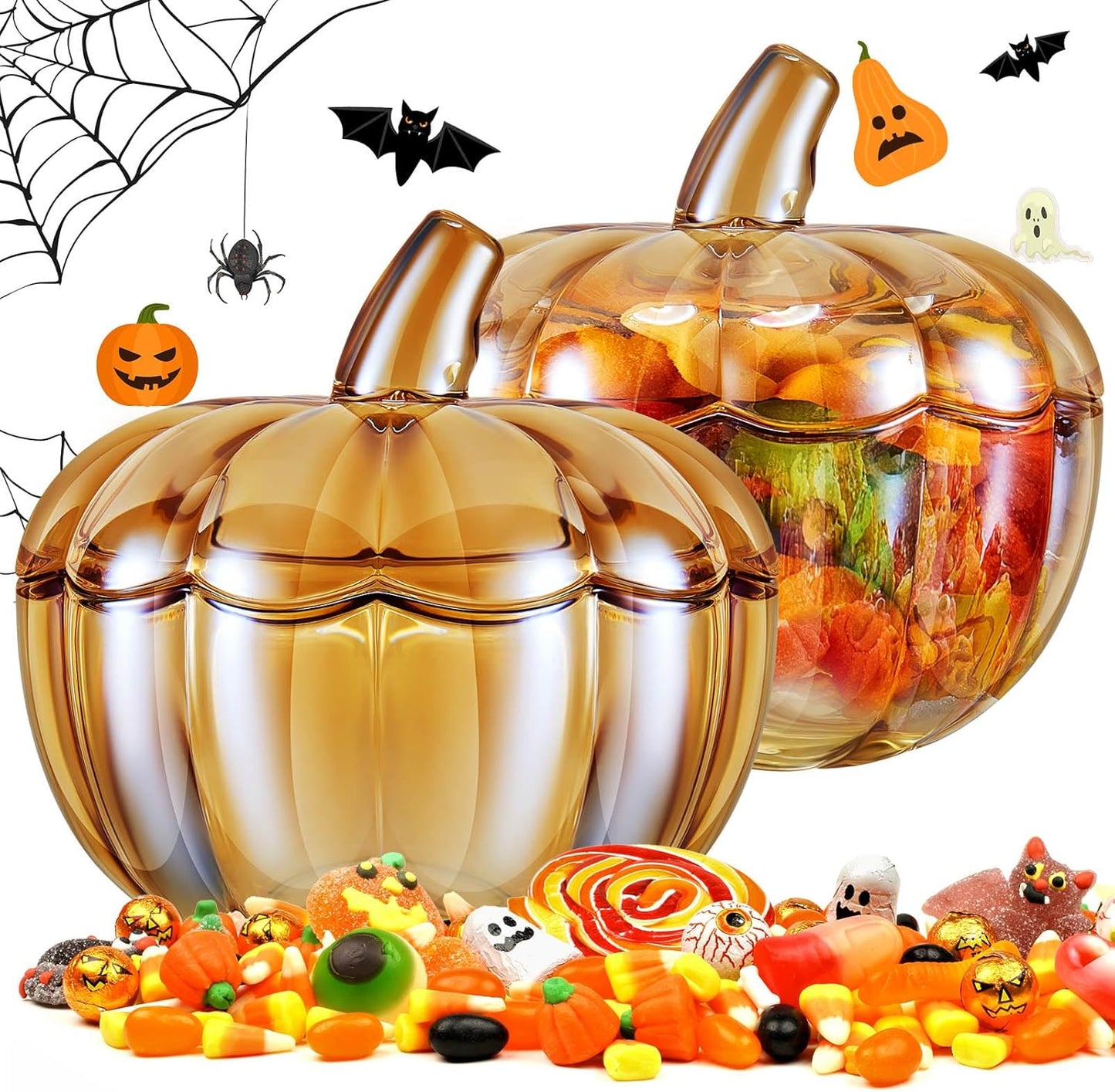 Tessco 70oz Glass Pumpkin Candy Jar Set for Halloween Decor