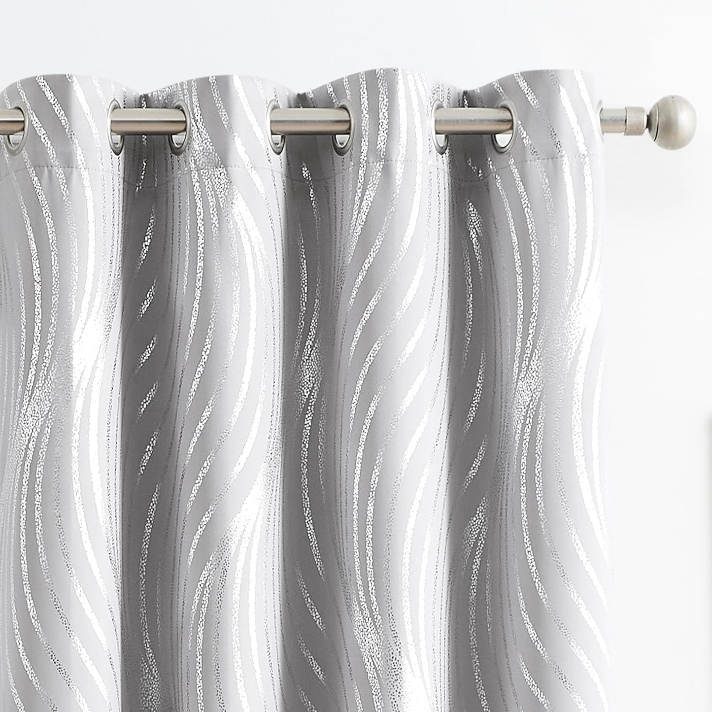 100% Blackout Curtains with Metallic Silver Wave Print Design