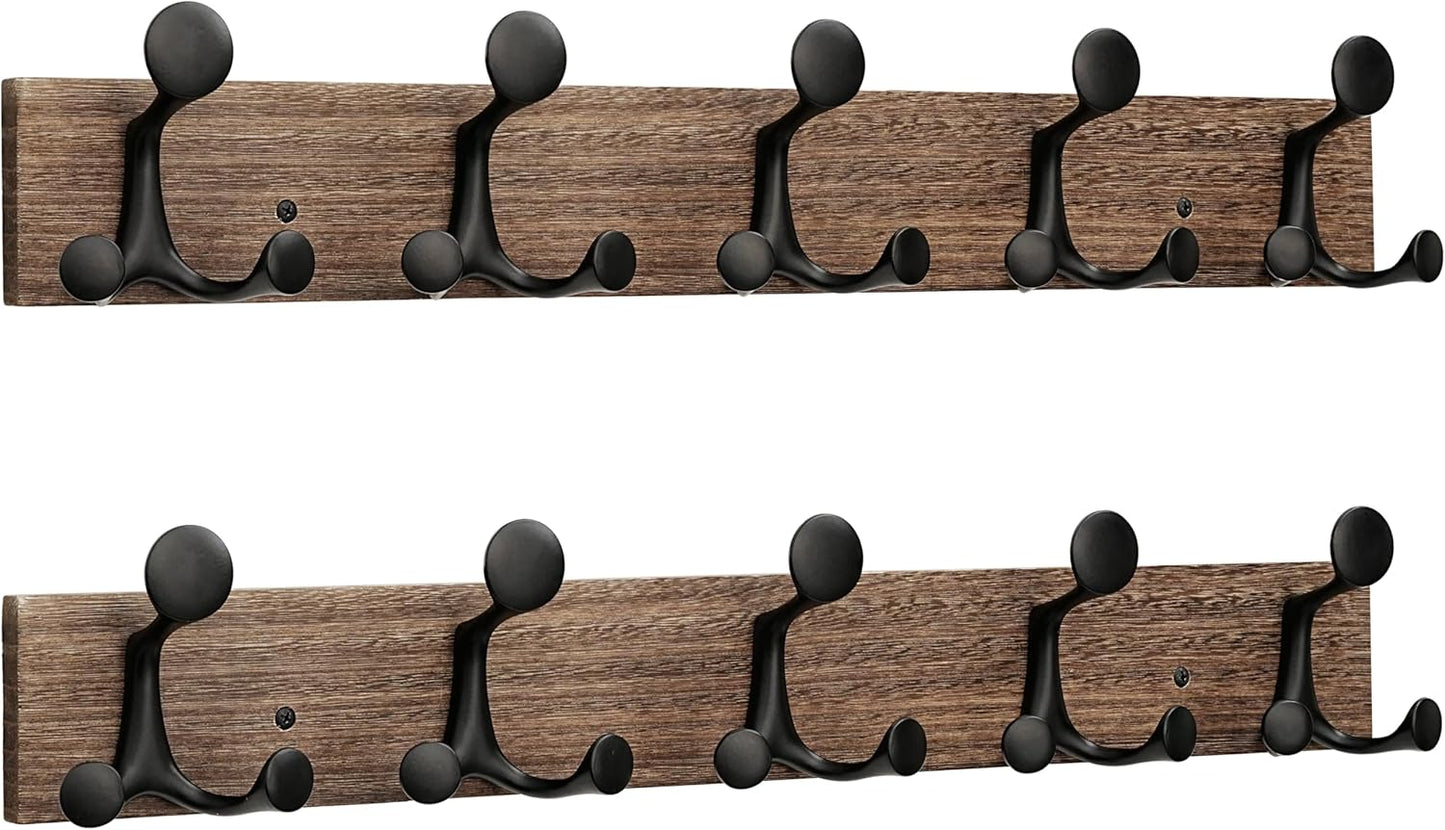 24-Inch Wood Burnt Coat Rack with 5 Triple Hooks for Storage