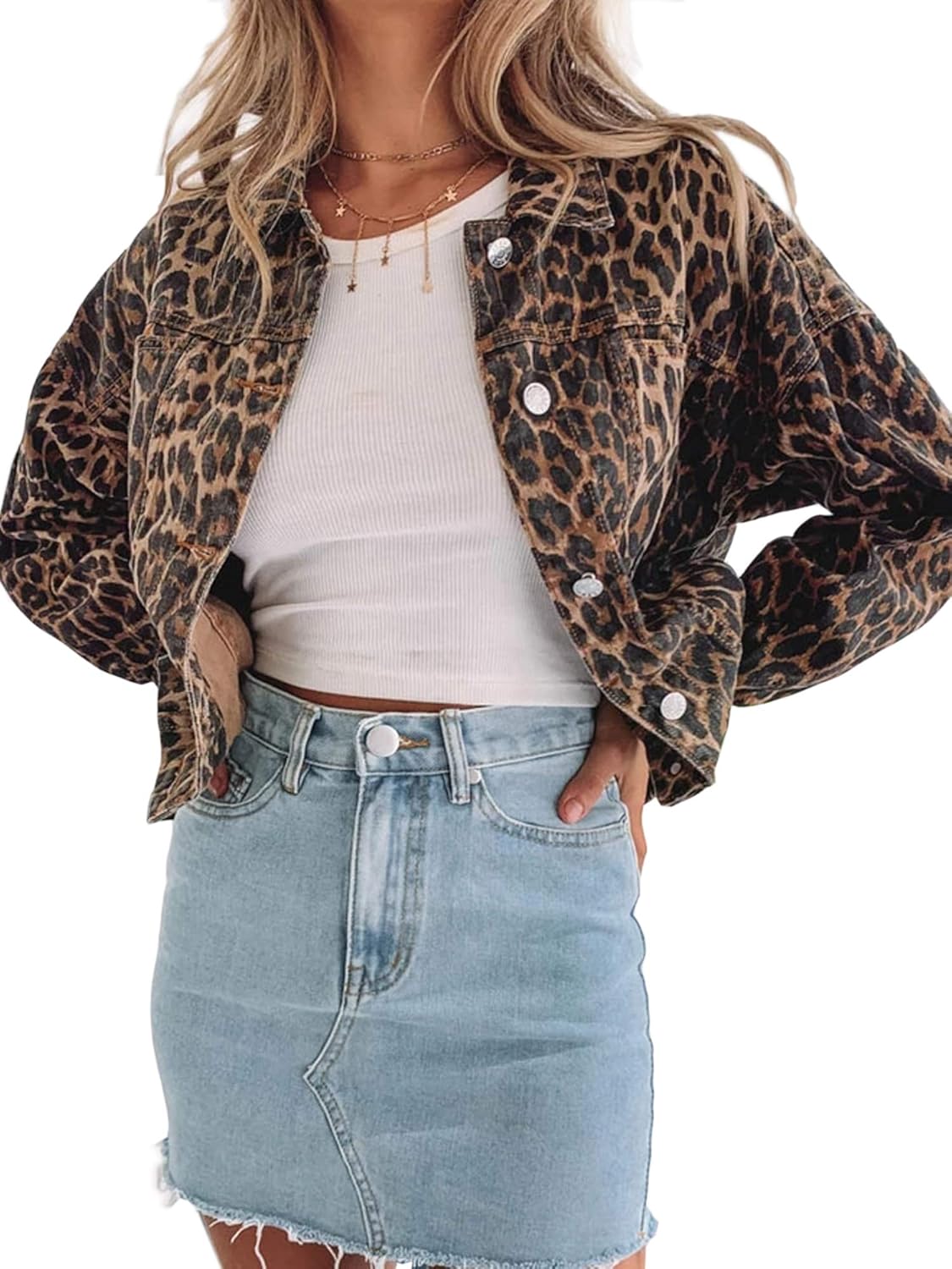 Women's Leopard Print Retro Shape Button-up Front Bomber Jacket