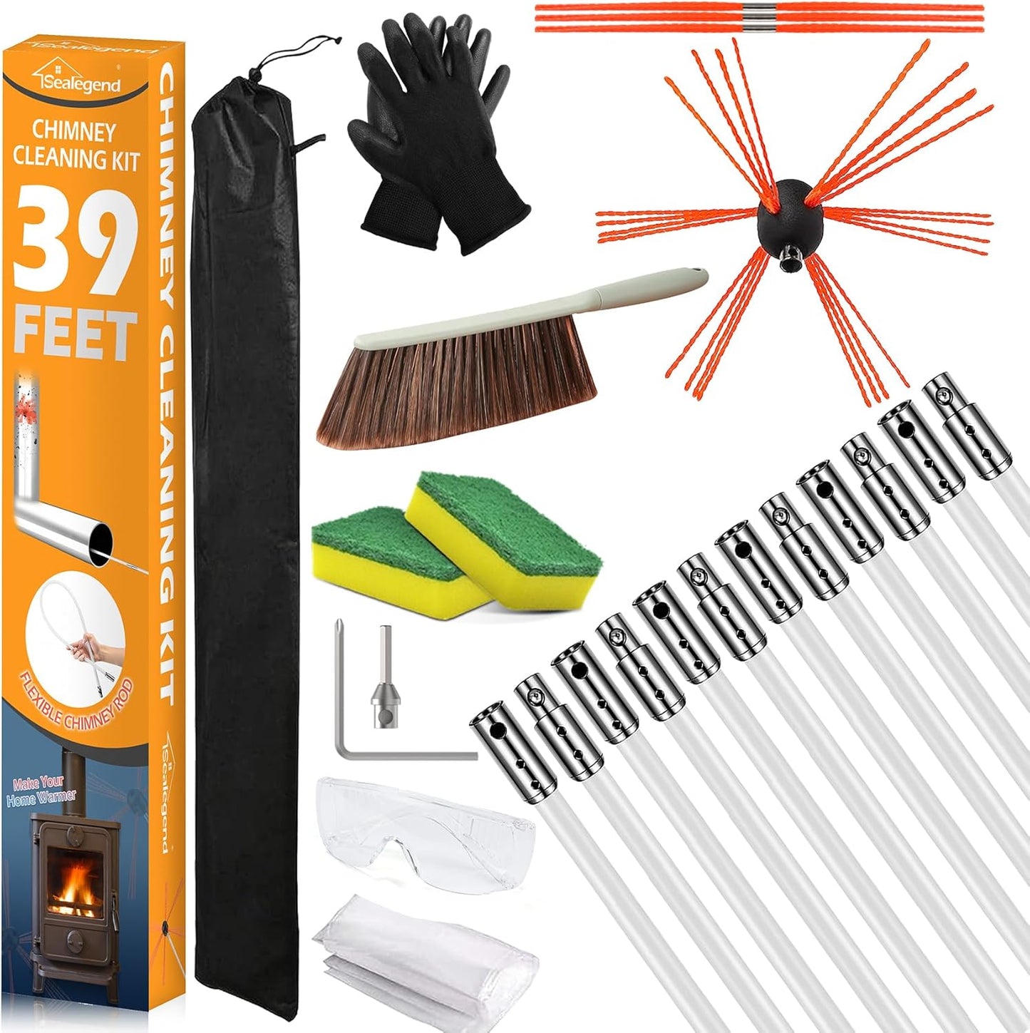 Chimney Sweep Kit with 39 Feet of Flexible Nylon Rods