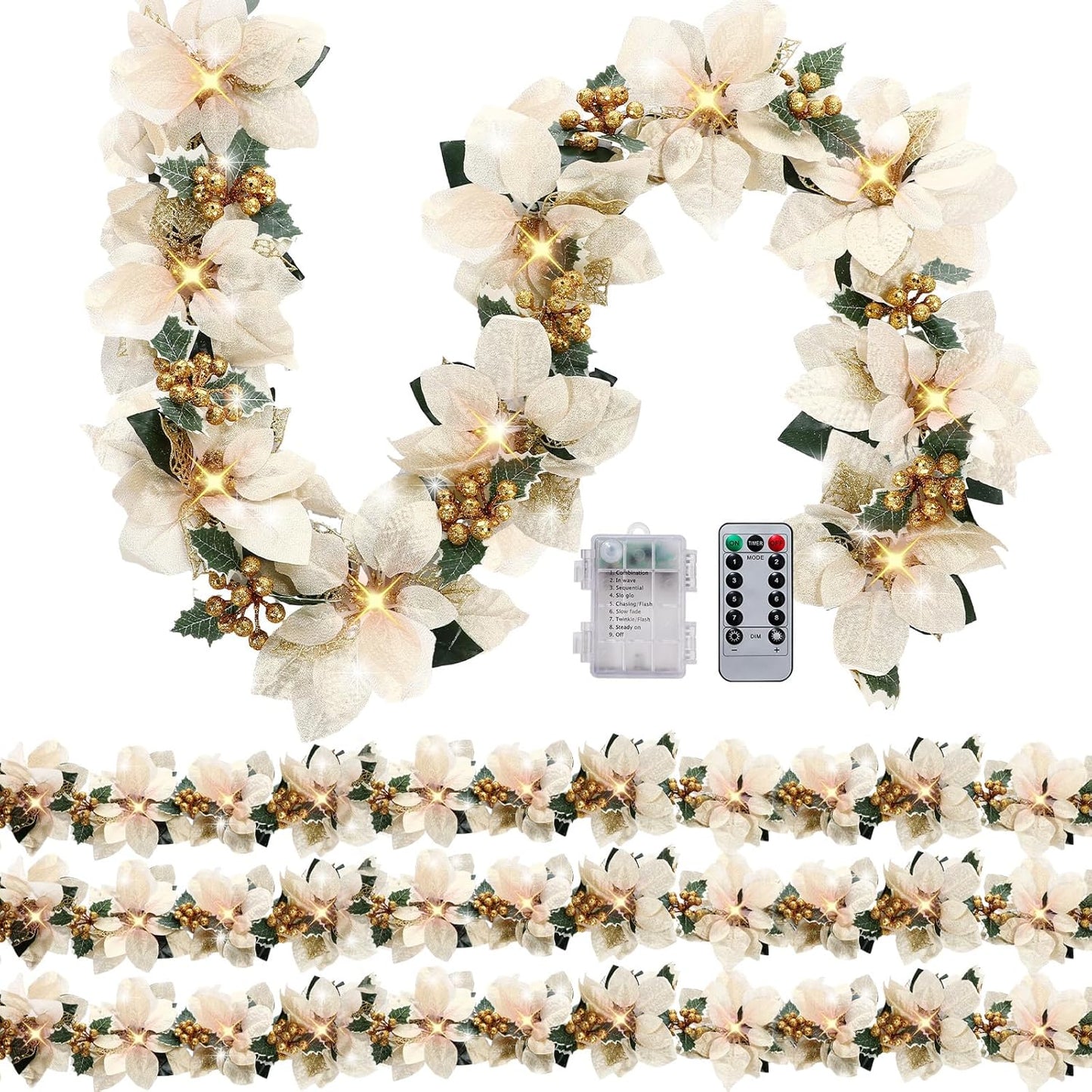 Prelit Poinsettia Christmas Garland with Lights for Decor