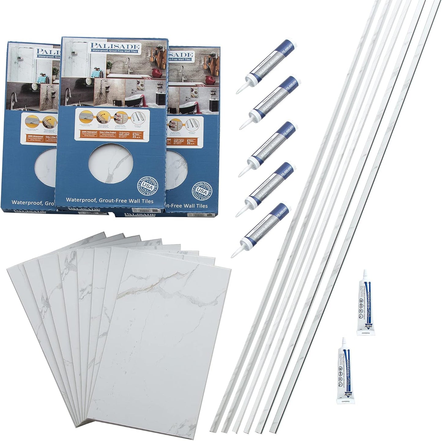 Palisade Interlocking Vinyl Tile Shower Kit in Carrara Marble