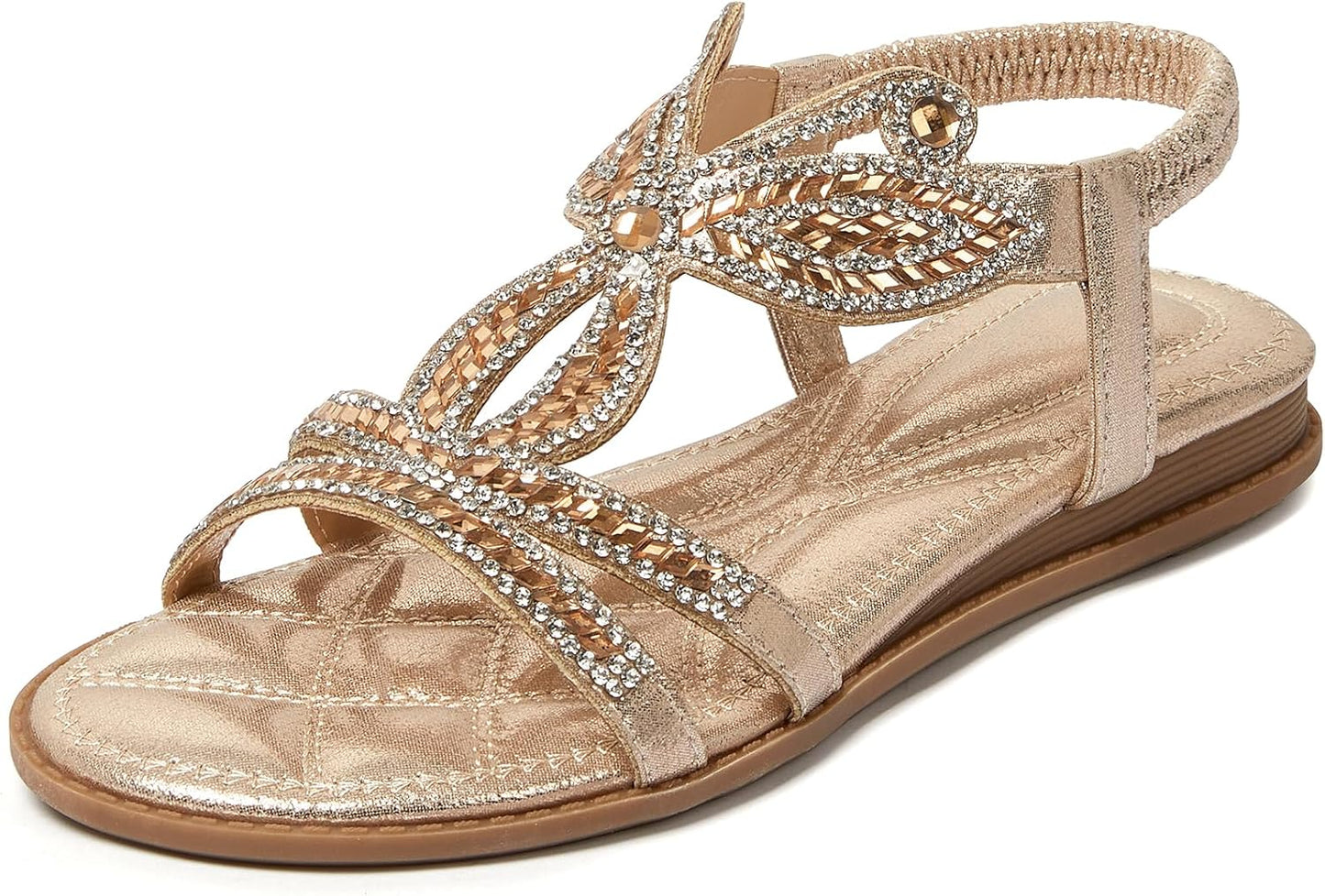 iCKER Women Rhinestone Sandals T-Strap Buckle Bohemian Style