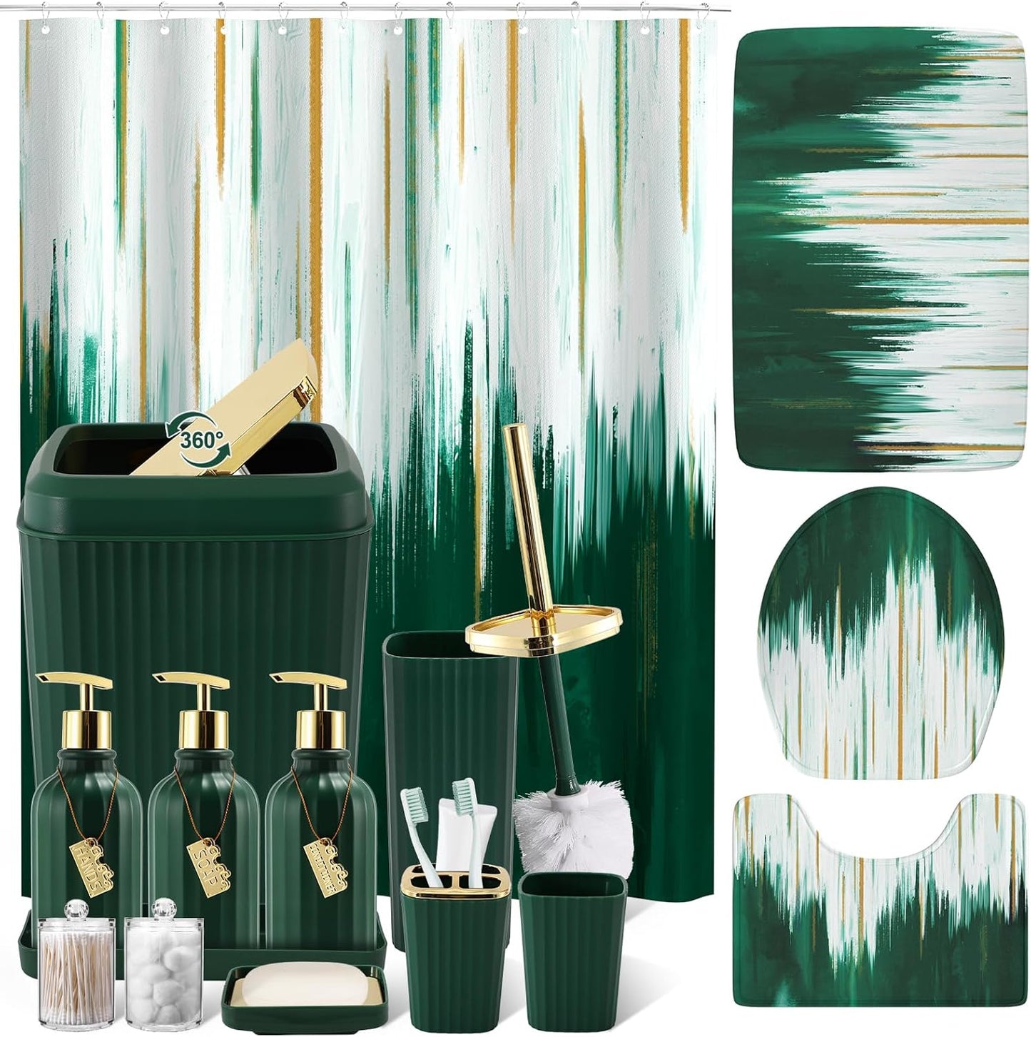 32PCS Dark Green Bathroom Sets with Shower Curtain and Rugs