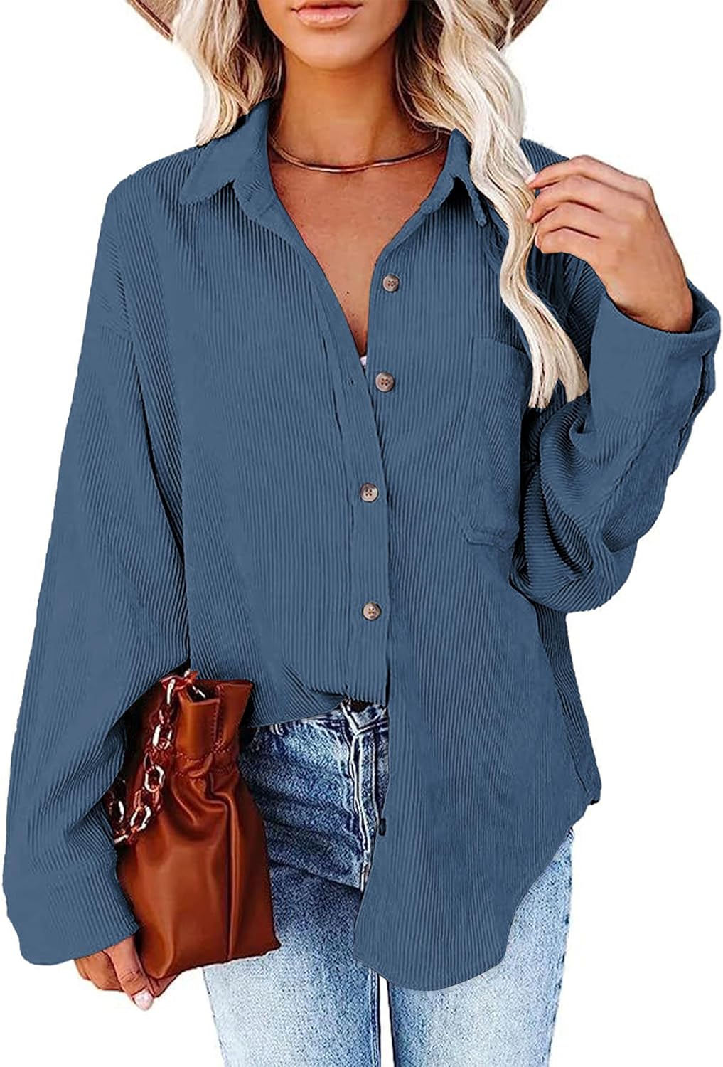 SEMARO Womens Casual Long Sleeve Button Down Corduroy Shirt