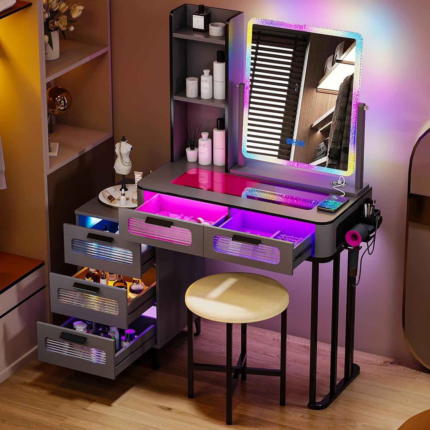 HNEBC Vanity with LED Mirror and Wireless Charging Station