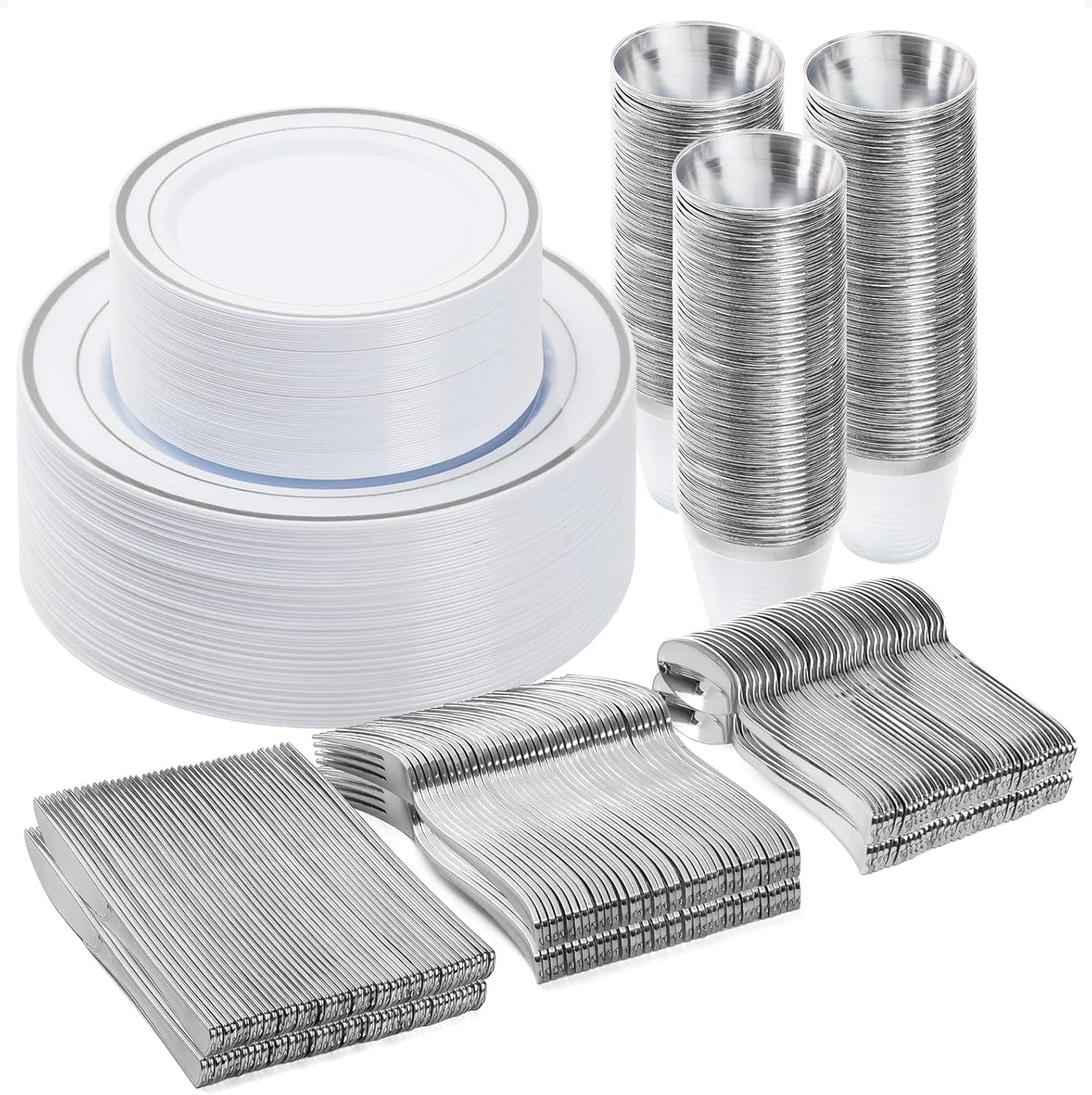 300PCS Plastic Dinnerware Set for 50 Guests, Silver Plates