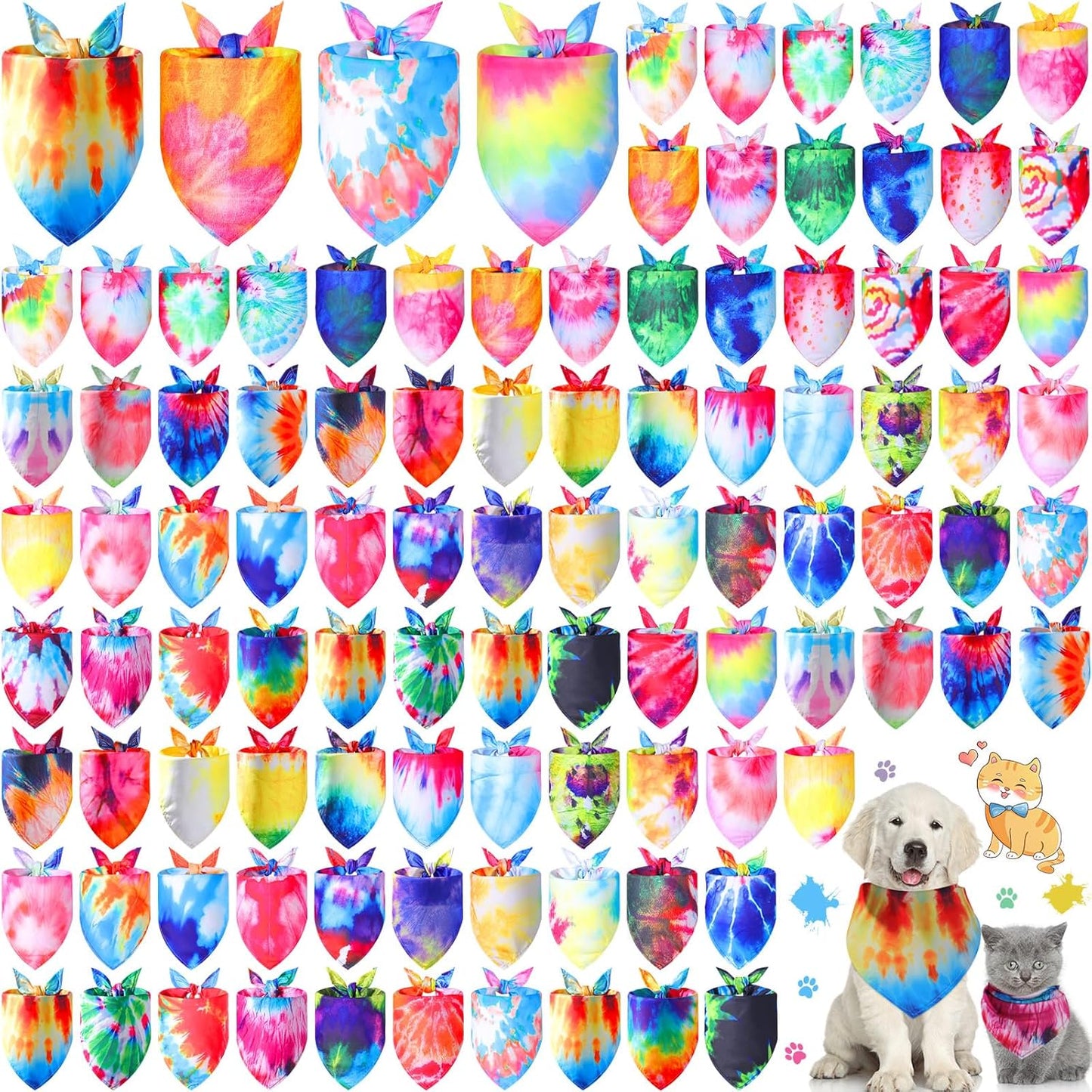 100 Pcs Tie Dye Dog Bandanas for Stylish Pet Accessories