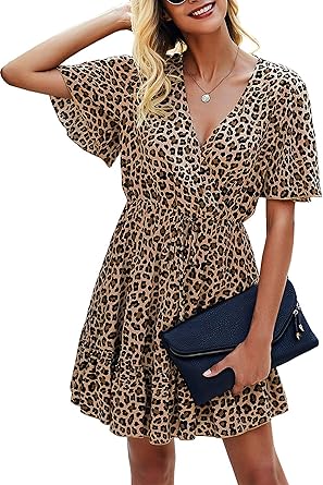 KIRUNDO Women's Summer Dresses Casual V Neck Ruffle Leopard Print