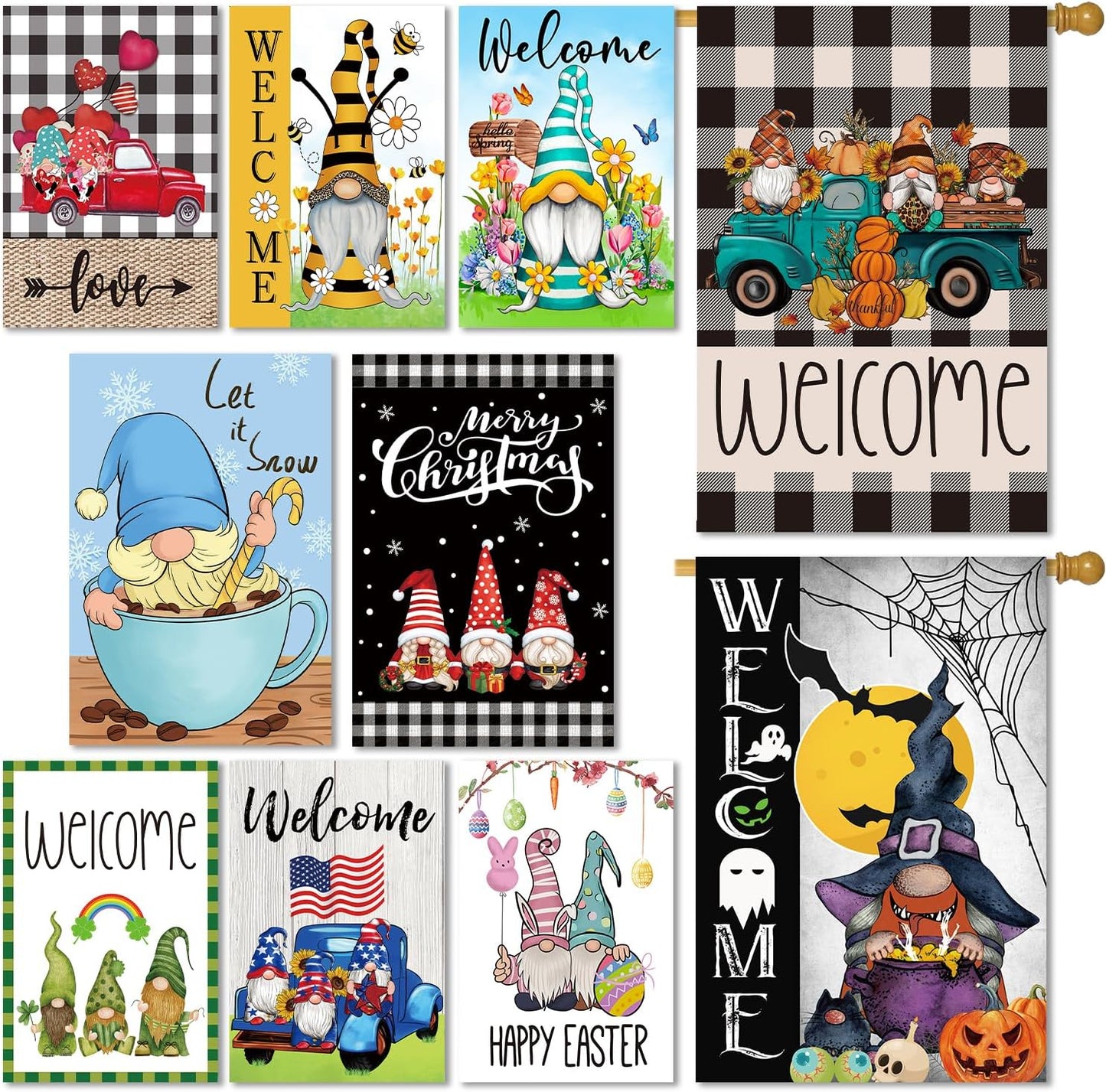 Set of 10 Gnome Seasonal Garden Flags for All Seasons Fun
