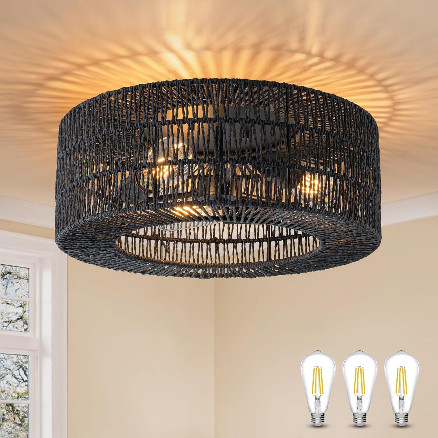 SineRise Flush Mount Ceiling Light - Hand-Woven Rattan Fixture