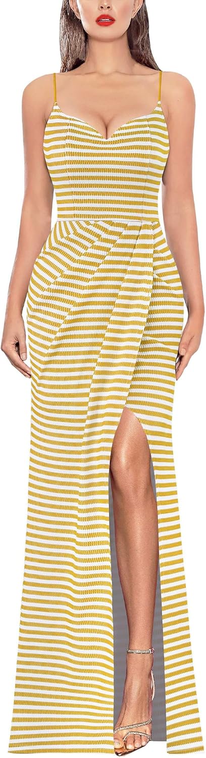 VFSHOW Womens Sexy Formal Ruched Fitted High Slit Maxi Dress