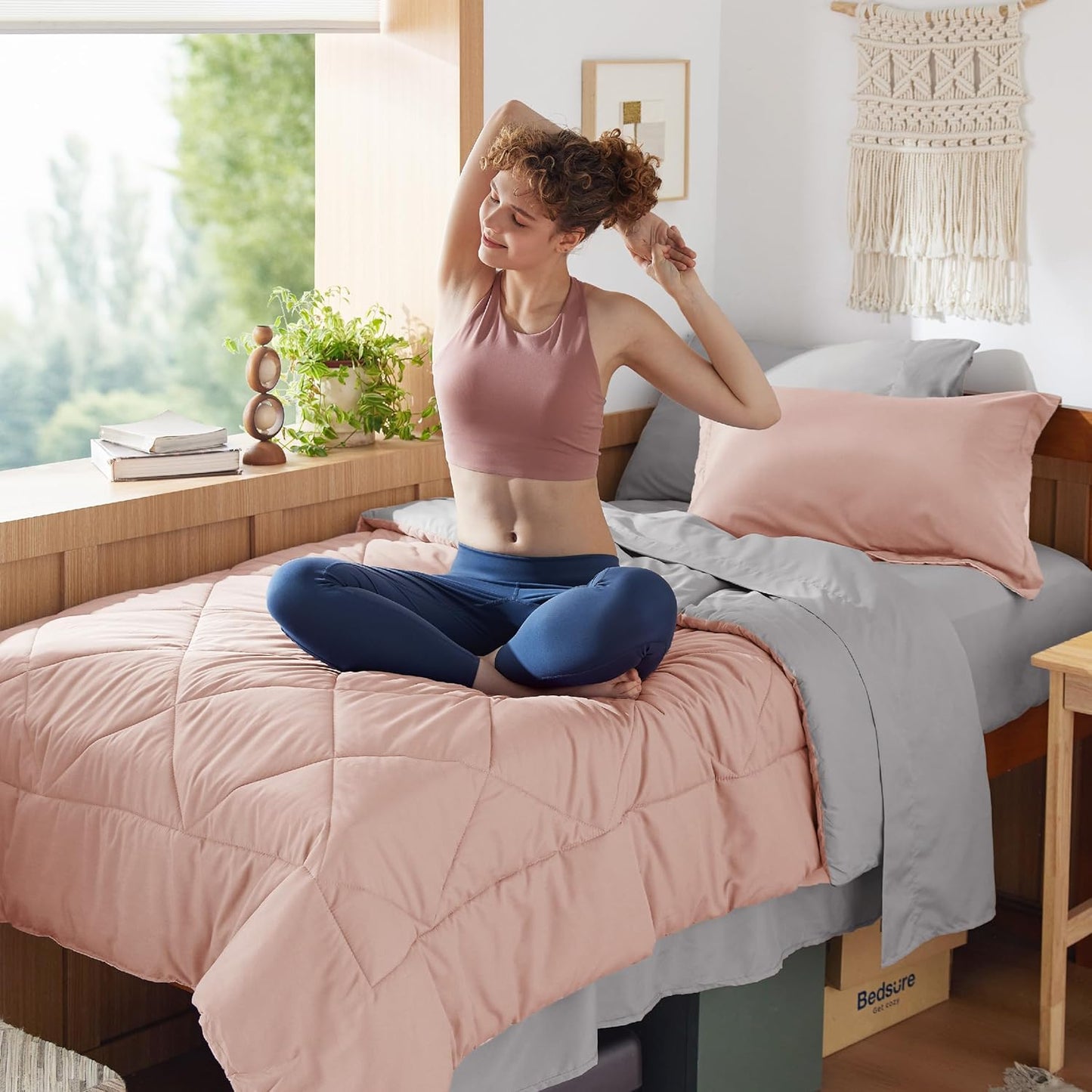 Twin XL Comforter Set - 5 Pieces Reversible Blush Pink Bedding