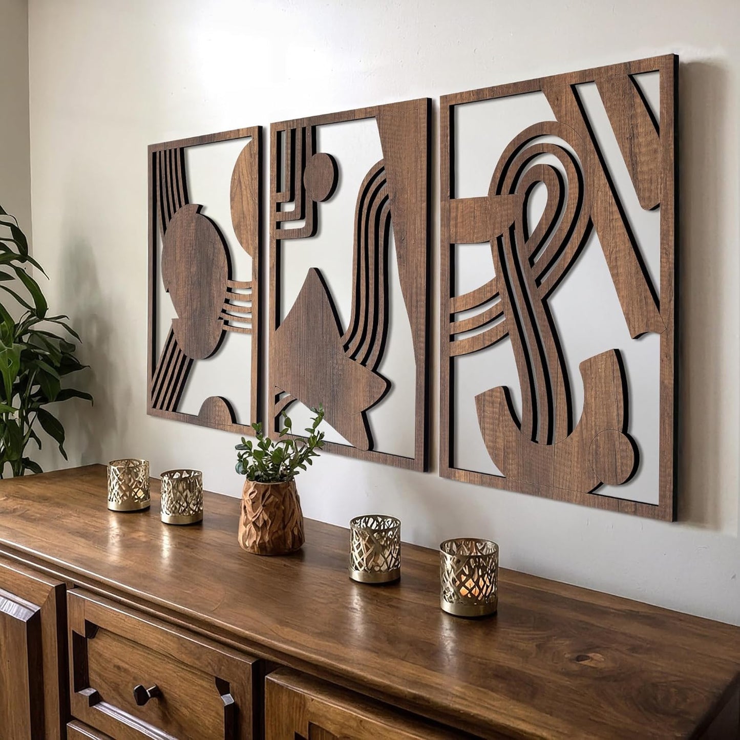 qmmp Modern Wooden Wall Sculptures Set of 3 for Home Decor