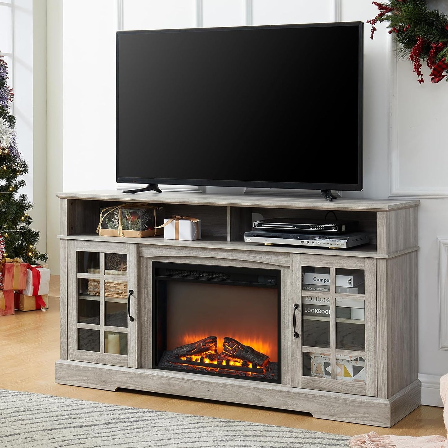 Zelimon 58'' Fireplace TV Stand - Remote Control Electric Fireplace & Storage, Gray