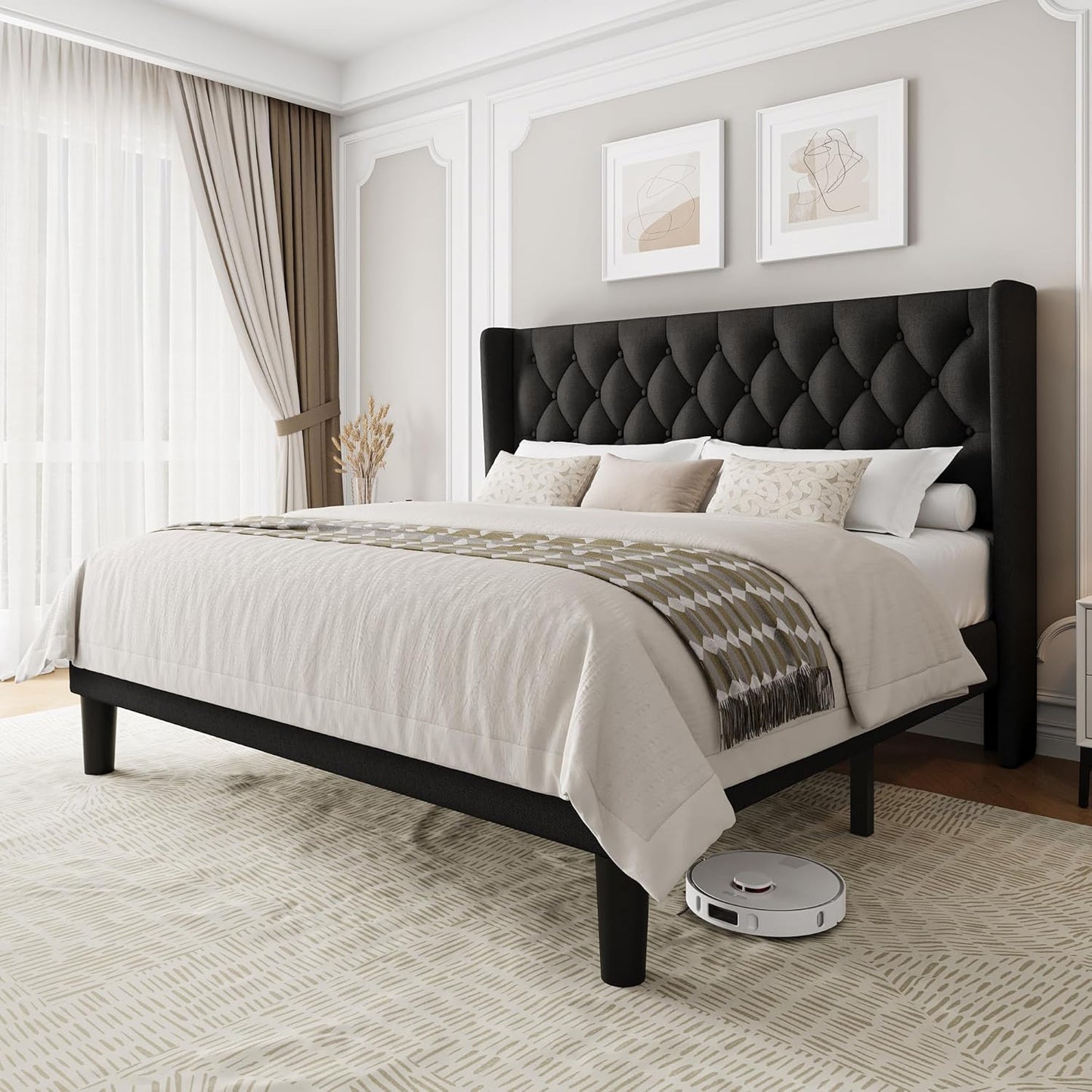 King Size Upholstered Bed Frame with Wingback Headboard Design