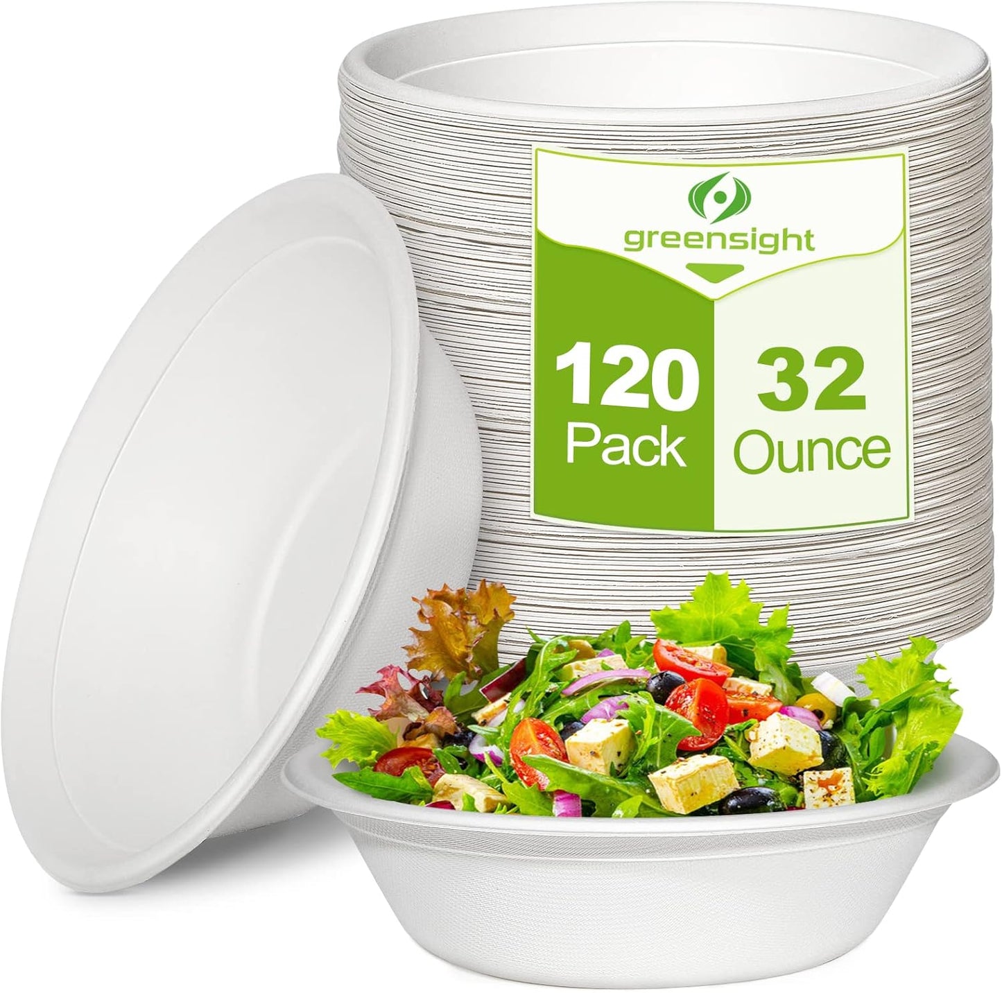 Large Compostable Paper Bowls - 32 oz, 120 Pack for Meals