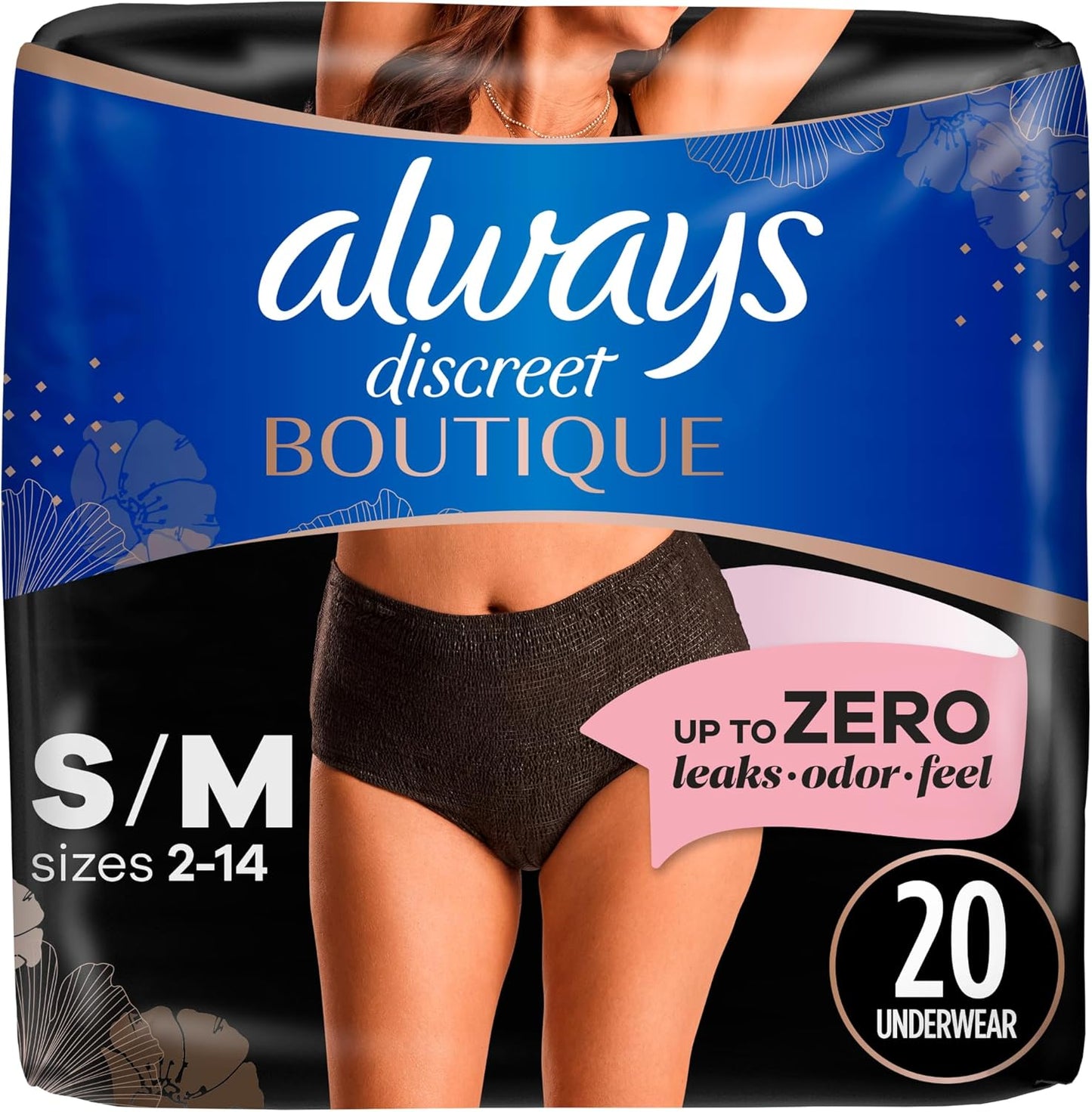 Always Discreet Boutique Black Underwear 20 Count - Maximum Protection for Women