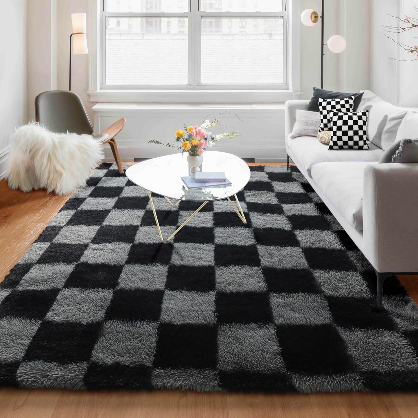 KICMOR Checkered Rugs for Living Room 5x8 Black and Grey