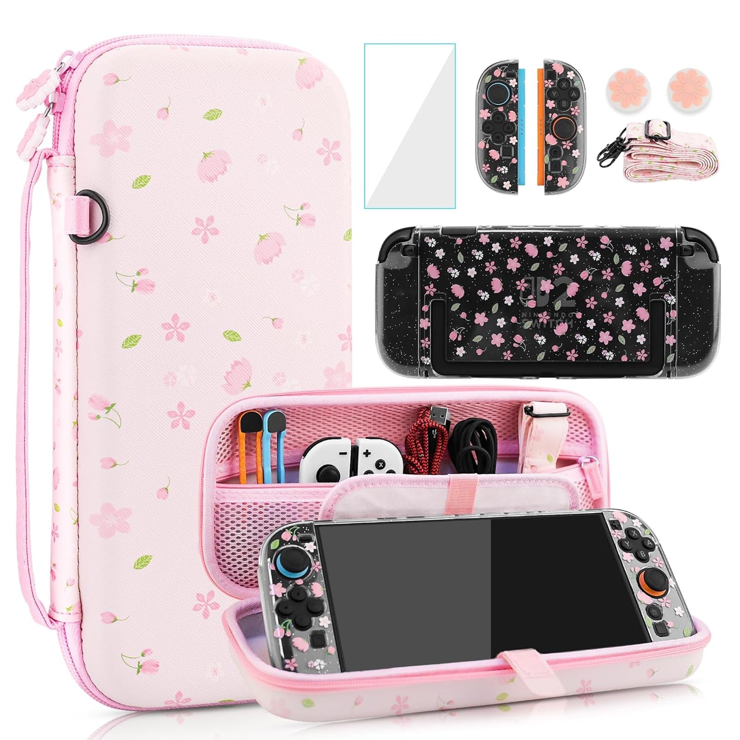 Cute Carrying Case Bundle for Nintendo Switch 2 - Pink Glitter