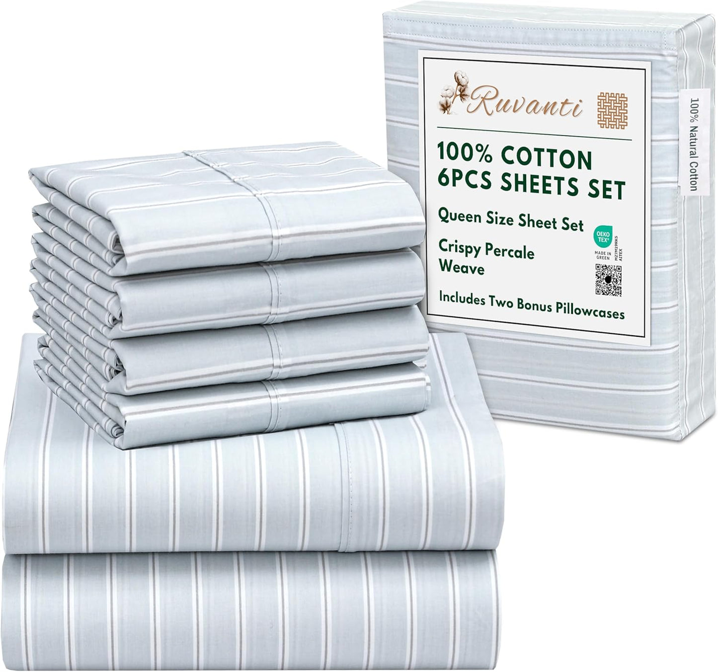 RUVANTI 6 Pcs Cotton Sheets Set - Soft & Breathable Queen Size