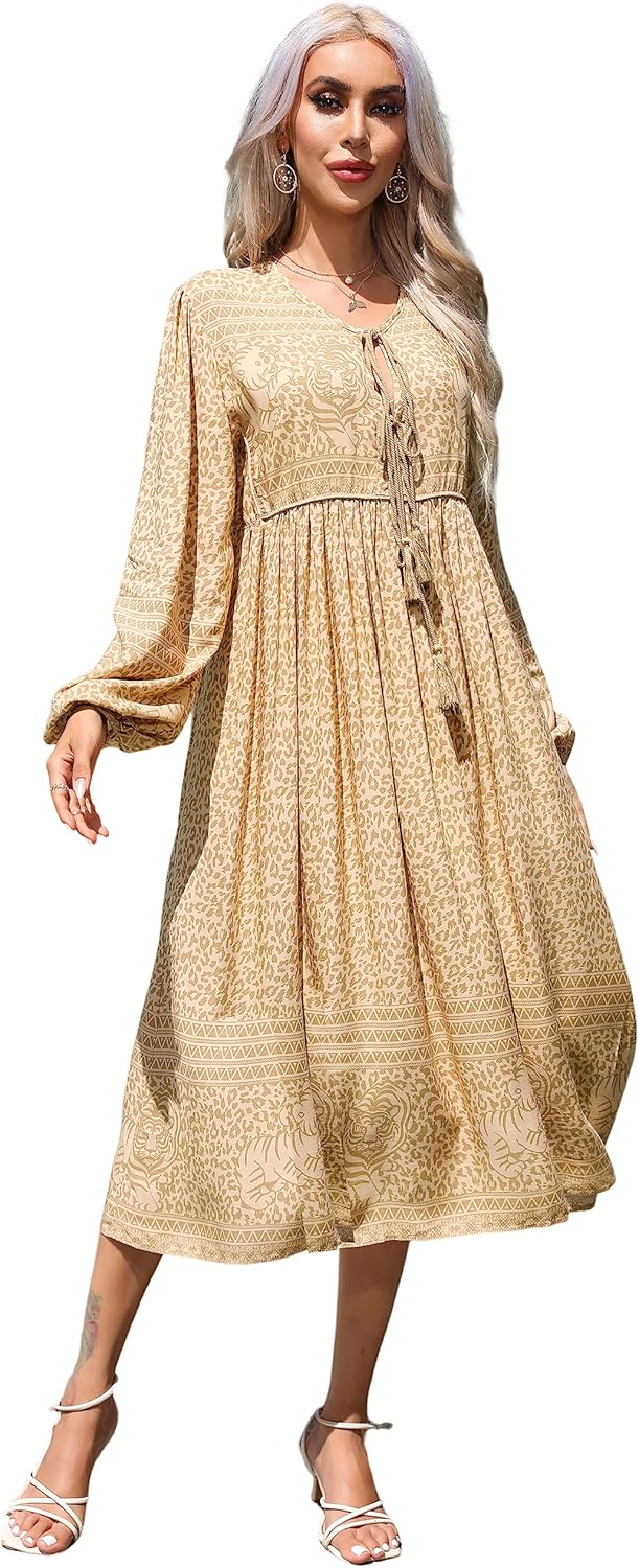 R.Vivimos Women's Long Sleeve Floral Print Bohemian Midi Dress