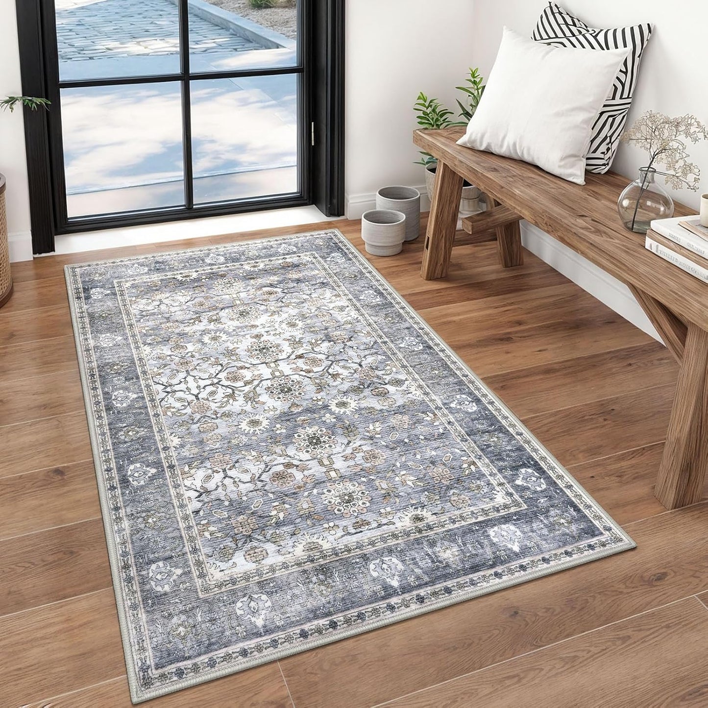 KUTA Vintage Floral 3x5 Rug - Washable Non-Slip Entryway Carpet