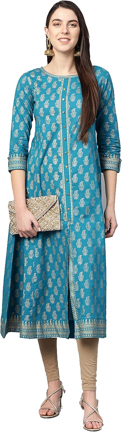 Elegant Indian Tunic Cotton Gold Print Anarkali Kurtis for Women