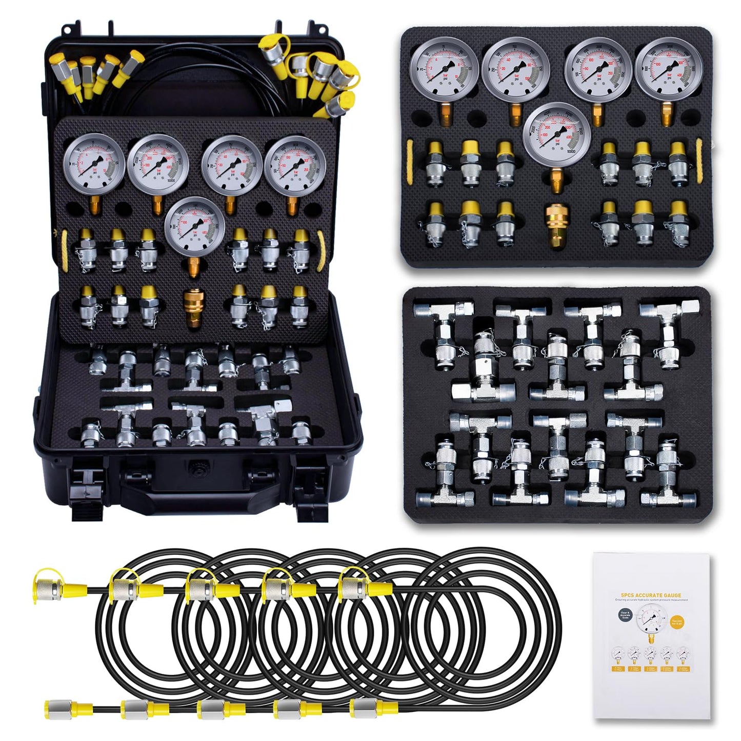 Hydraulic Pressure Test Kit with 5 Gauges for Heavy Machinery