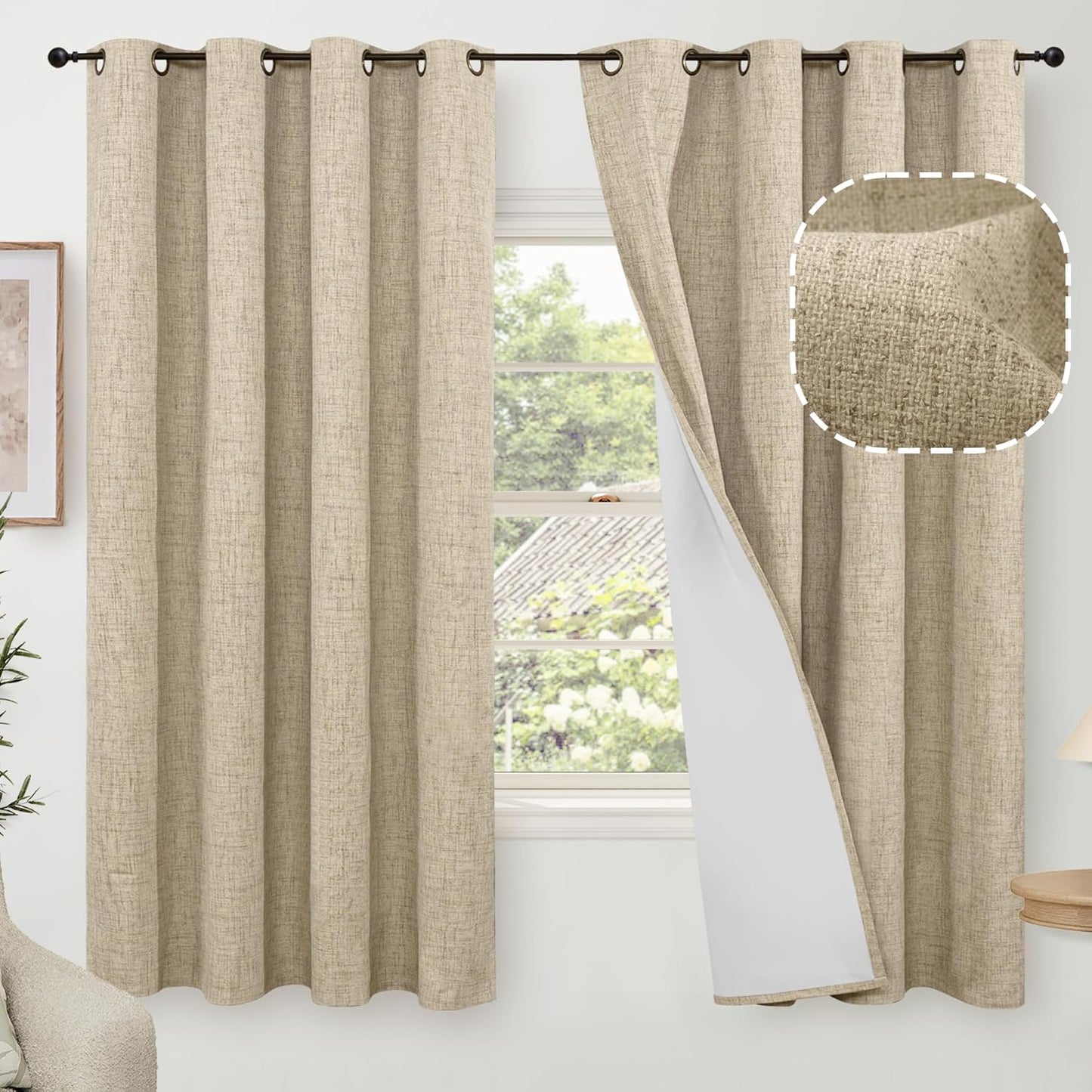 60 Inch Wide Linen Blackout Curtains for Bedroom - Total Blackout