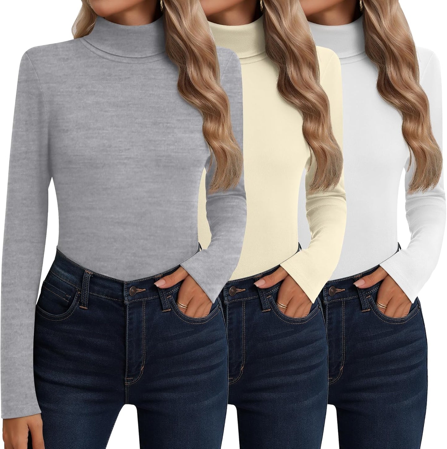 Neer 3 Pack Cotton Women's Turtleneck Long Sleeve Tops