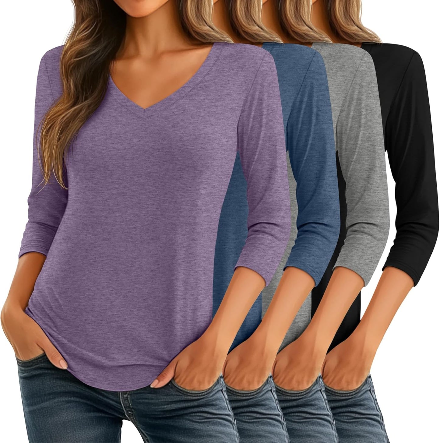 Ficerd Women's 3/4 Sleeve V Neck Casual Tunic Tops - 4 Pack