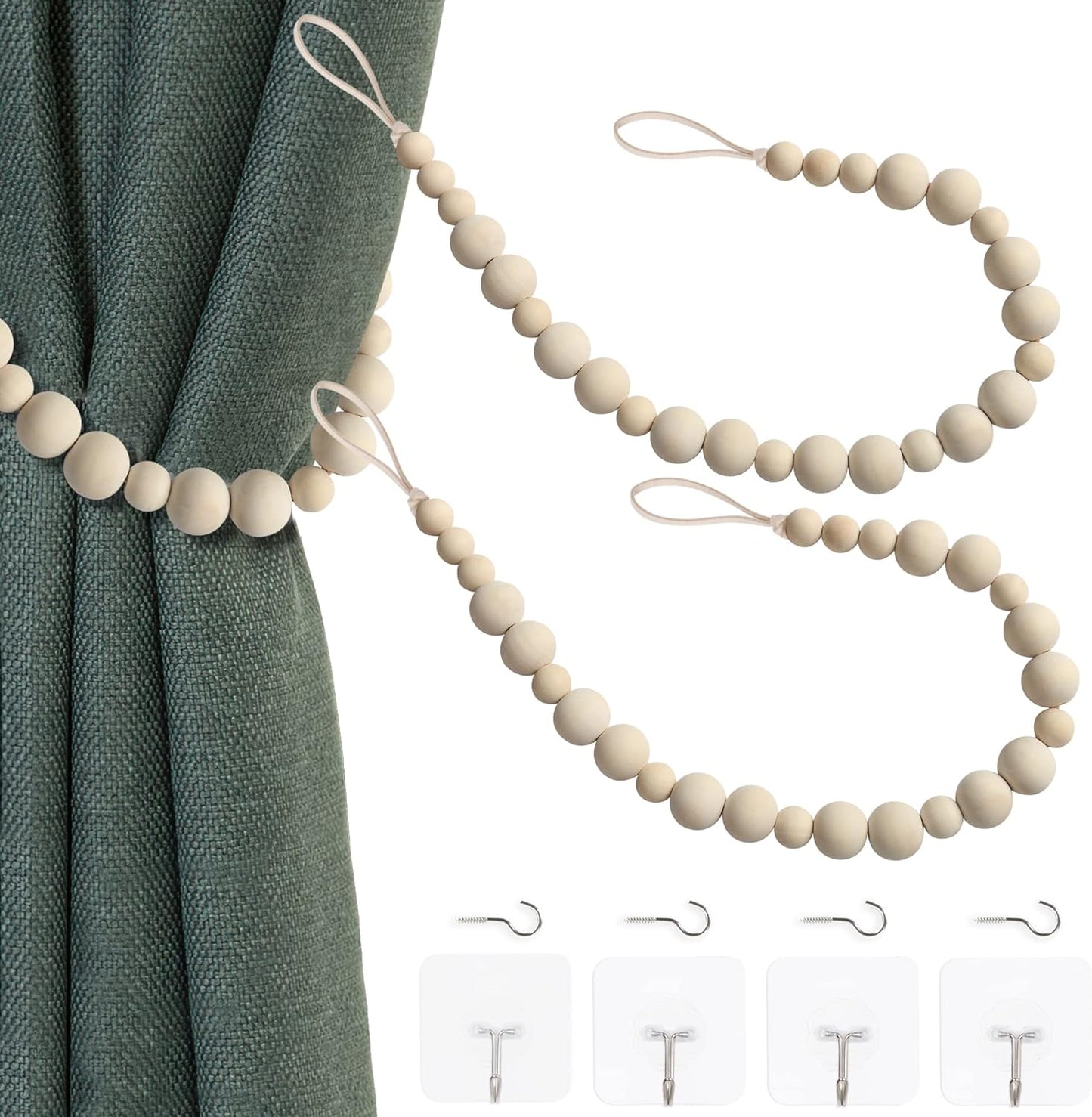 Boho Wood Bead Tiebacks x2 for Stylish Decor