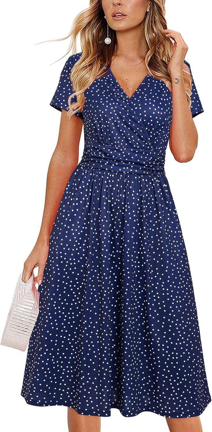 OUGES Women's Summer Short Sleeve V-Neck Floral Dress with Pockets