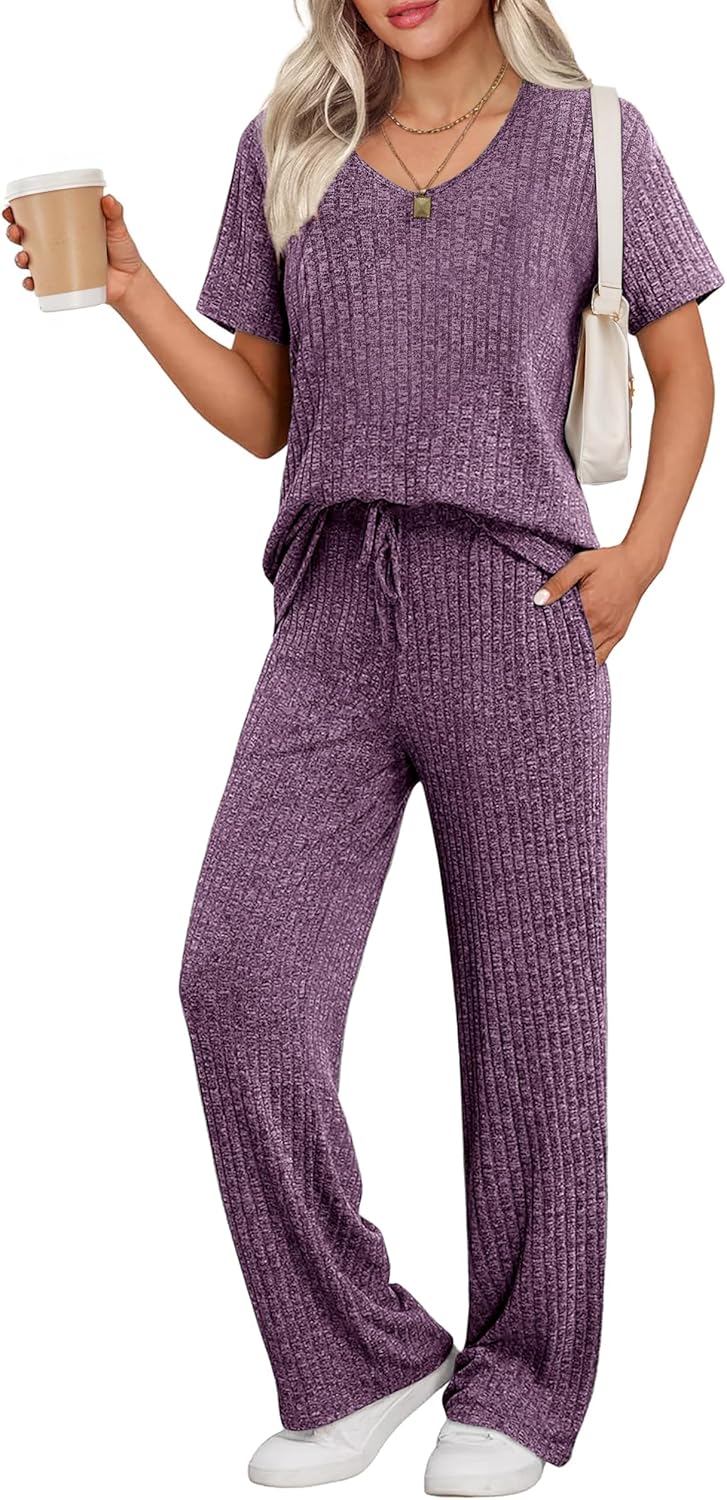Ekouaer Womens Ribbed Knit Lounge Set for Cozy Sleepwear