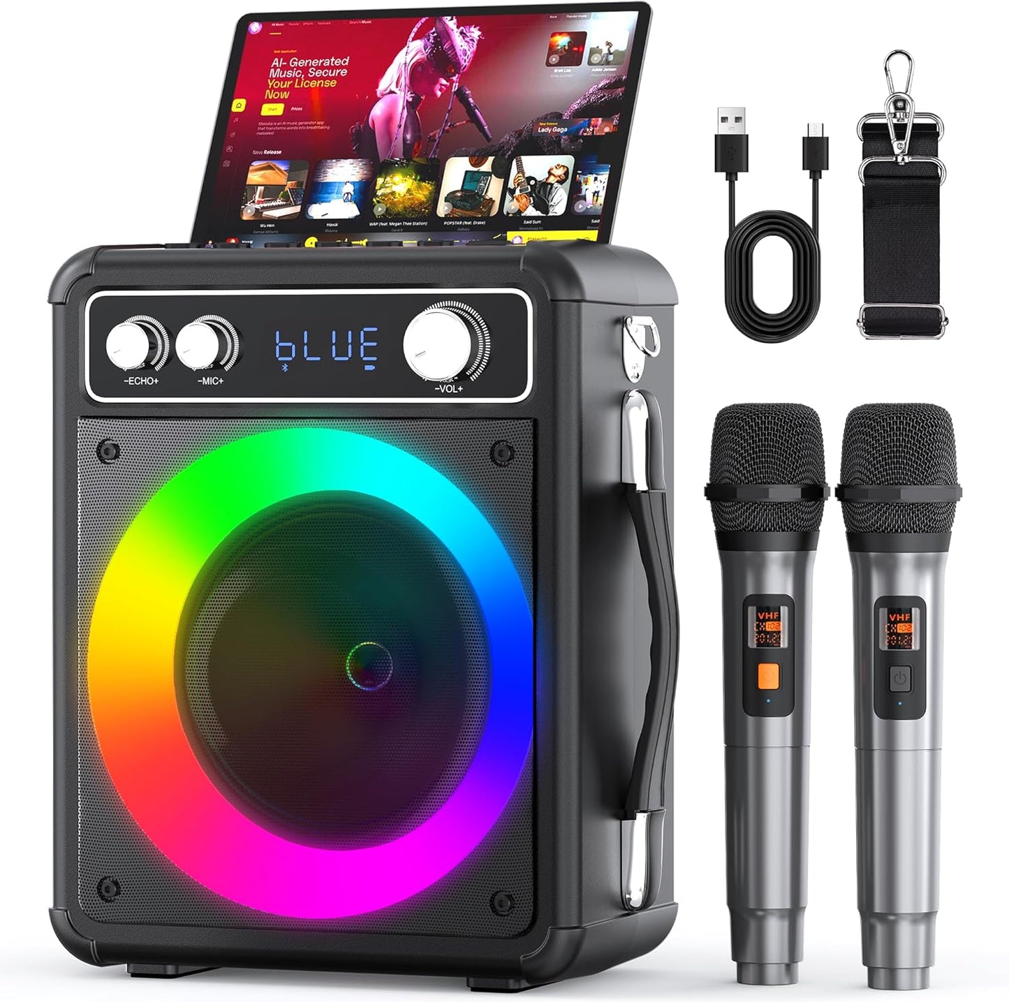 VOSOCO Bluetooth Karaoke Machine - Dual Mics, LED Lights
