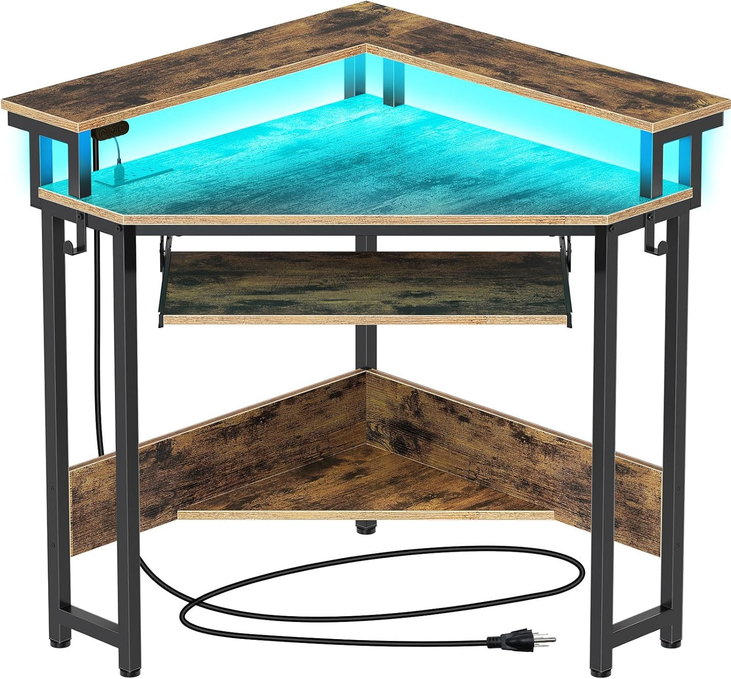 Rustic Brown Corner Desk with Power Outlets & LED Lights