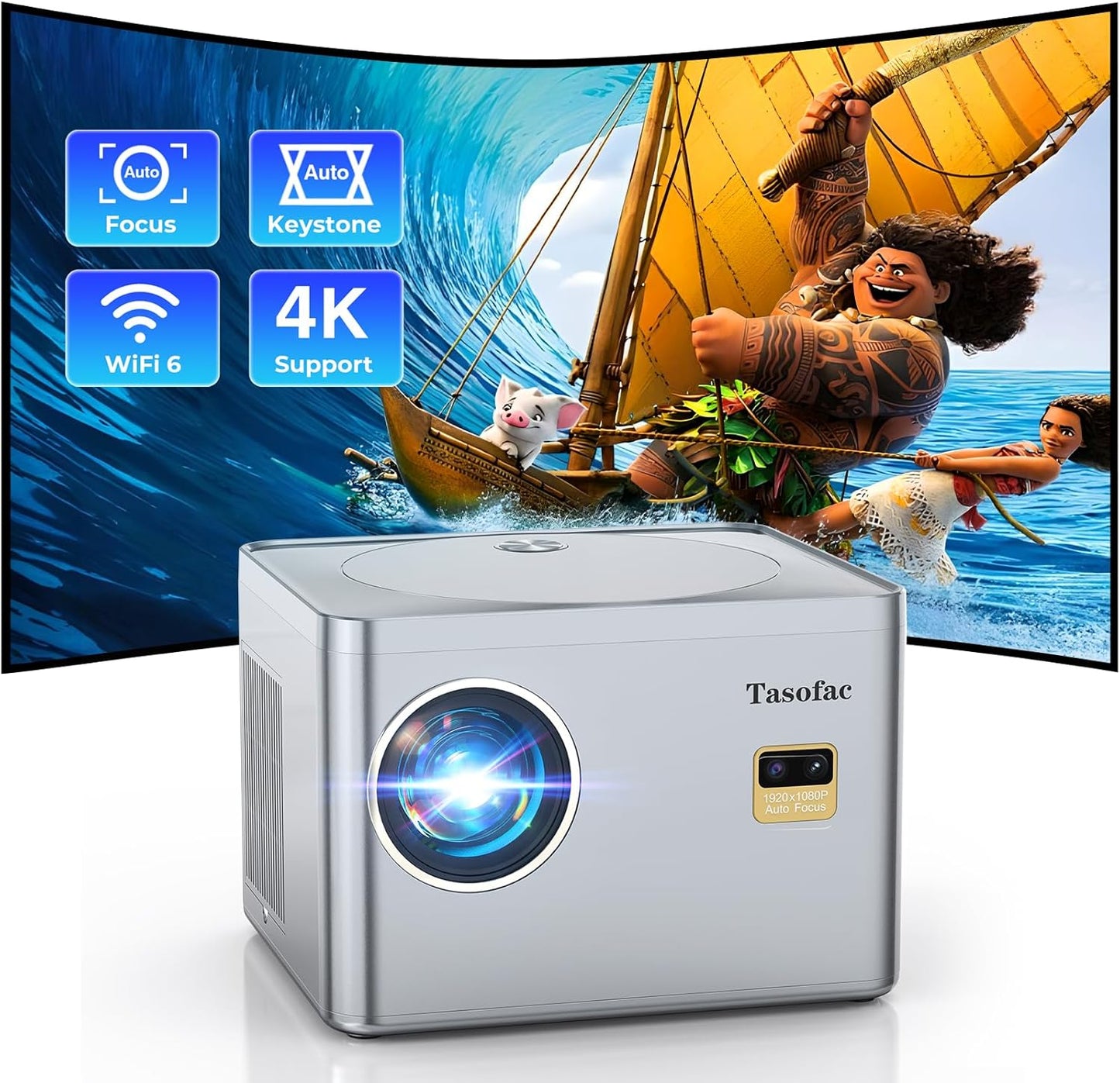 4K Auto Focus Mini Projector - WiFi, Bluetooth, Native 1080P, 800ANSI, Keystone, Zoom